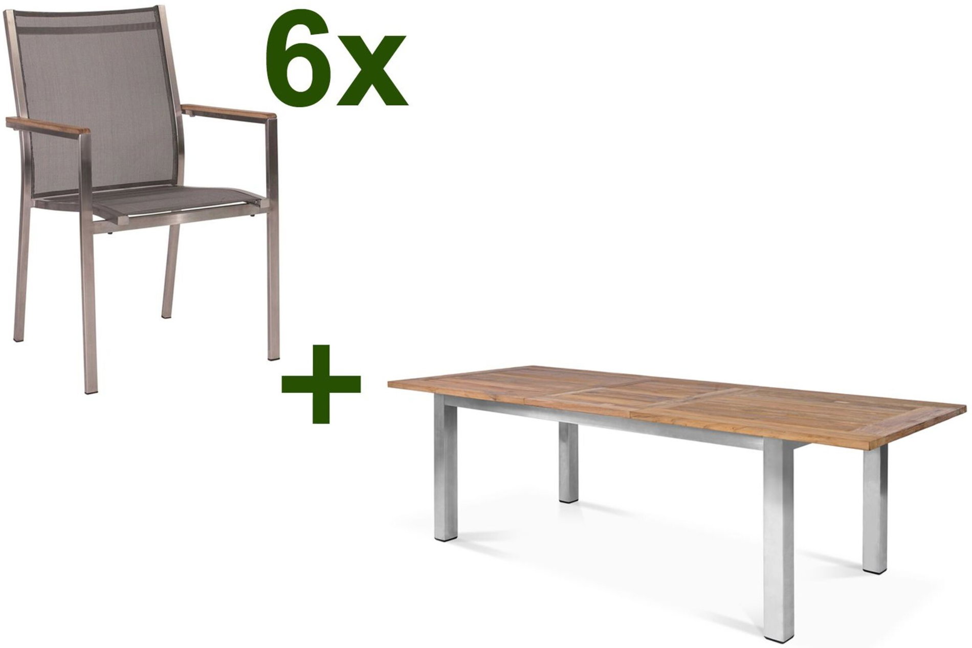 STERN Cardiff Garten-Essgruppe, silber/silbergrau, Edelstahl/recyceltes Teak, Tisch 200/260 x 100 cm, 6 Stapelsessel, FSC®-zertifiziertes Produkt 19754__1