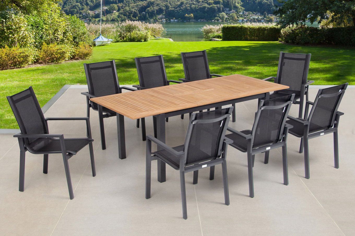 OUTFLEXX Garten-Essgruppe, OUTFLEXX® anthrazit matt, Alu / Teak / Textil, Ausziehtisch 150/210x90cm, 8 Stapelsessel 22179__1