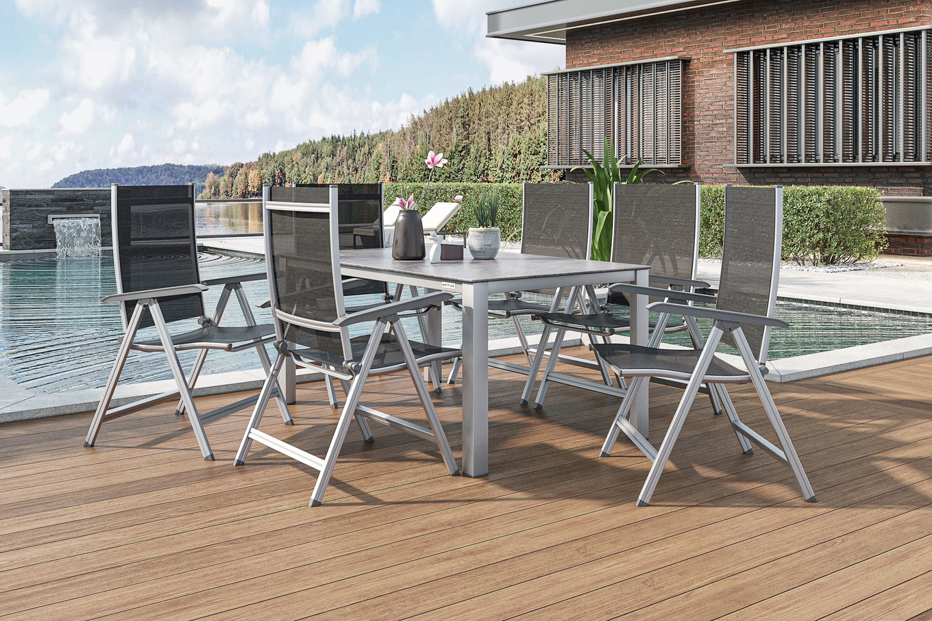 KETTLER Cubic/Basic Plus Garten-Essgruppe, silber/anthrazit, Alu/Textilene, Tisch 160 x 90 cm, 6 Klappstühle 28695__1