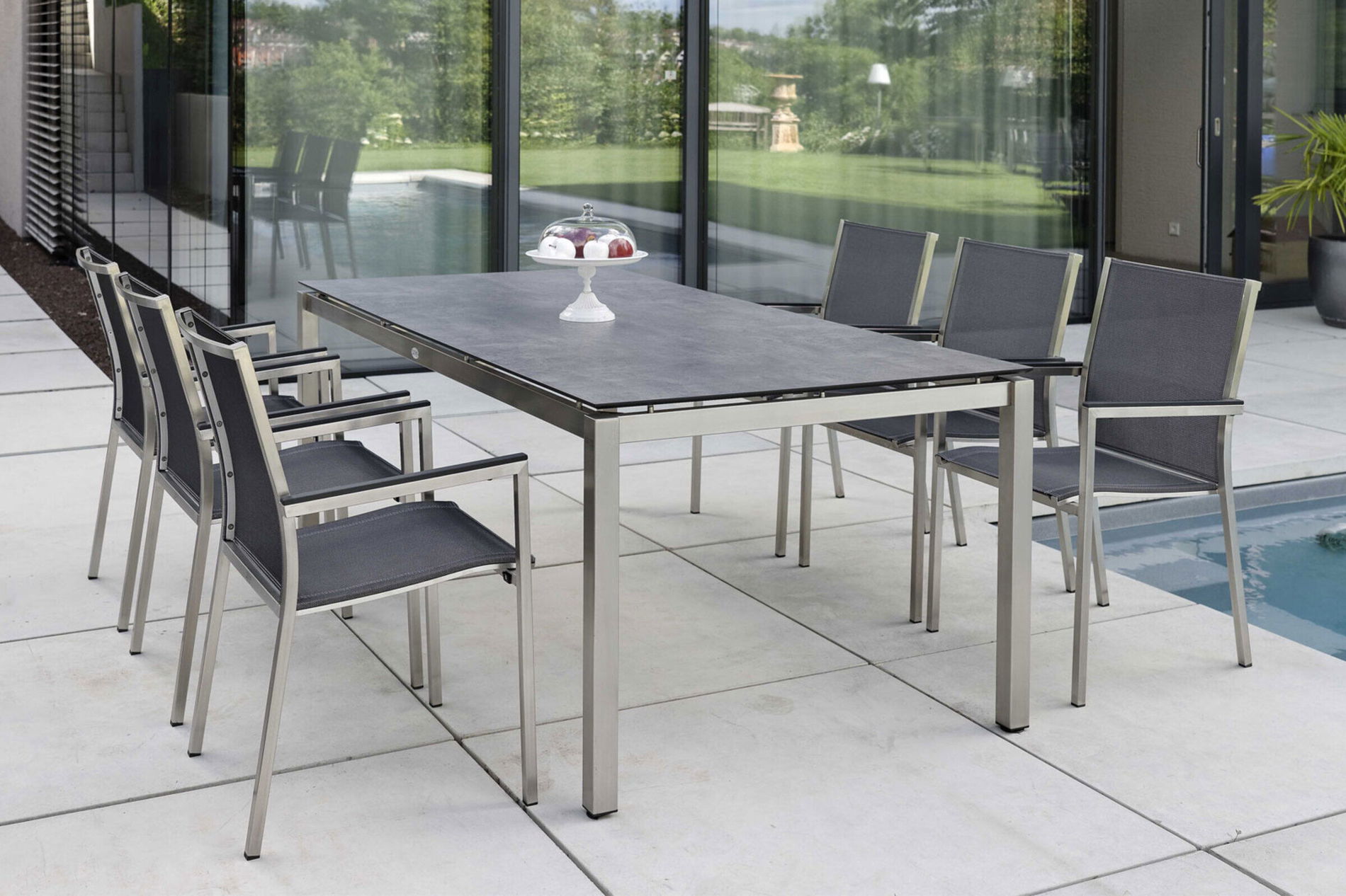 STERN Polaris Garten-Essgruppe, schwarz/silbergrau, Edelstahl/Textilene, 200 x 100 cm., 6. Pers., Silverstar 2.0 Dekor Zement 33655__1