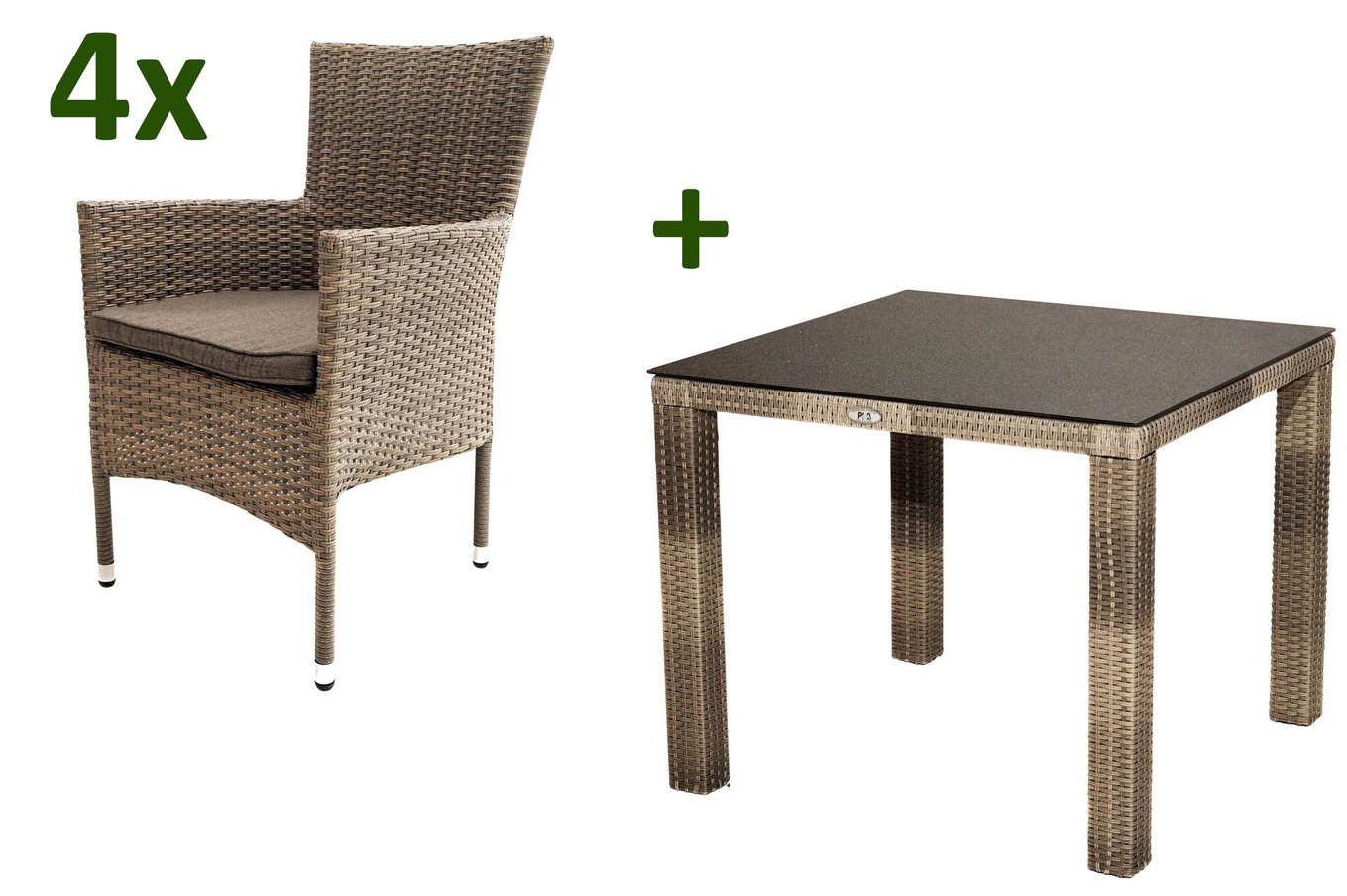 OUTFLEXX Rabida Garten-Essgruppe, champagner-meliert, Polyrattan, Tisch 90 x 90 cm, 4 Stapelsessel, Glasplatte in Steinoptik 21071__1