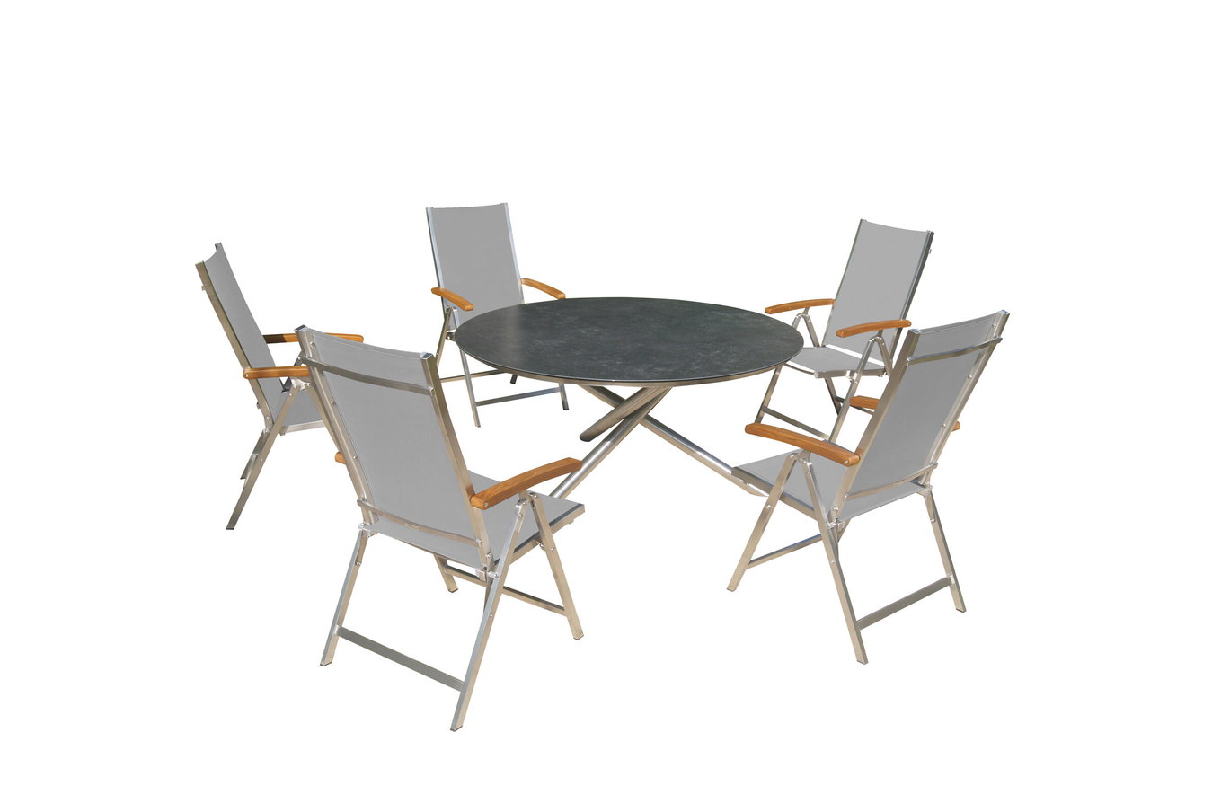 OUTFLEXX Garten-Essgruppe, silber/grau, Edelstahl/Glaskeramik/Textilene/Teakholz, Tisch Ø150cm, 5 Klappstühle, verstellbar 24044__1
