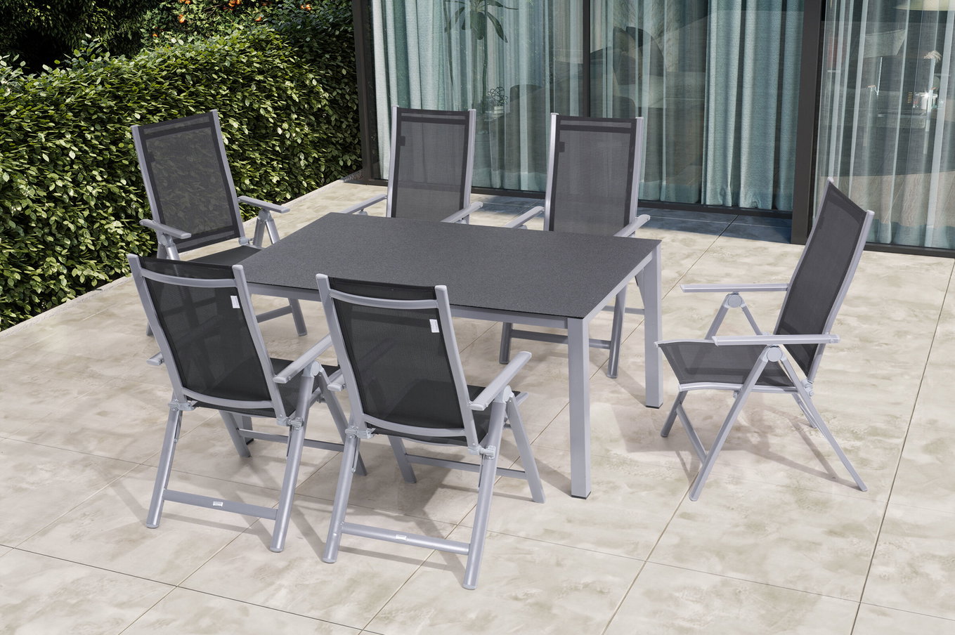 OUTFLEXX Garten-Essgruppe, silber/anthrazit, Alu/Spraystone/Textilen, 160x95 cm, 6 Klappstühle 28171__1