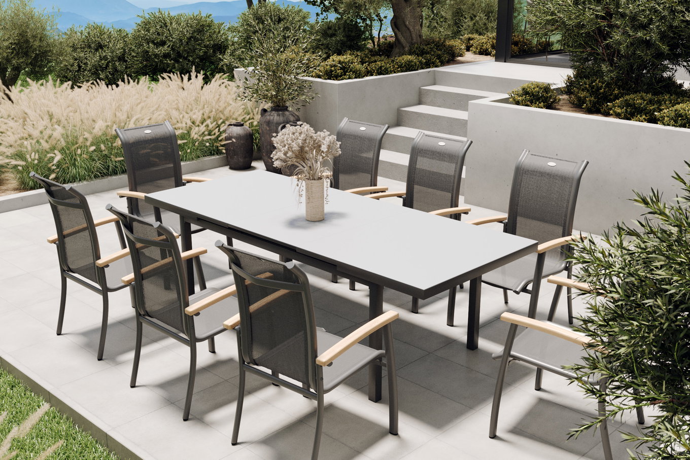 HARTMAN Alice Garten-Essgruppe, xerix, Alu/4x4 Textilen, Tisch 180/240x100cm, 8 Stapelsessel 19328__1