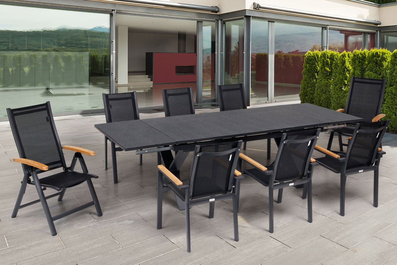 OUTFLEXX Garten-Essgruppe, OUTFLEXX® anthrazit matt, Alu / Spraystone / Teak, Tisch 180/280 x 100 cm, 6 Stapelsessel, 2 Klappstühle 22131__1