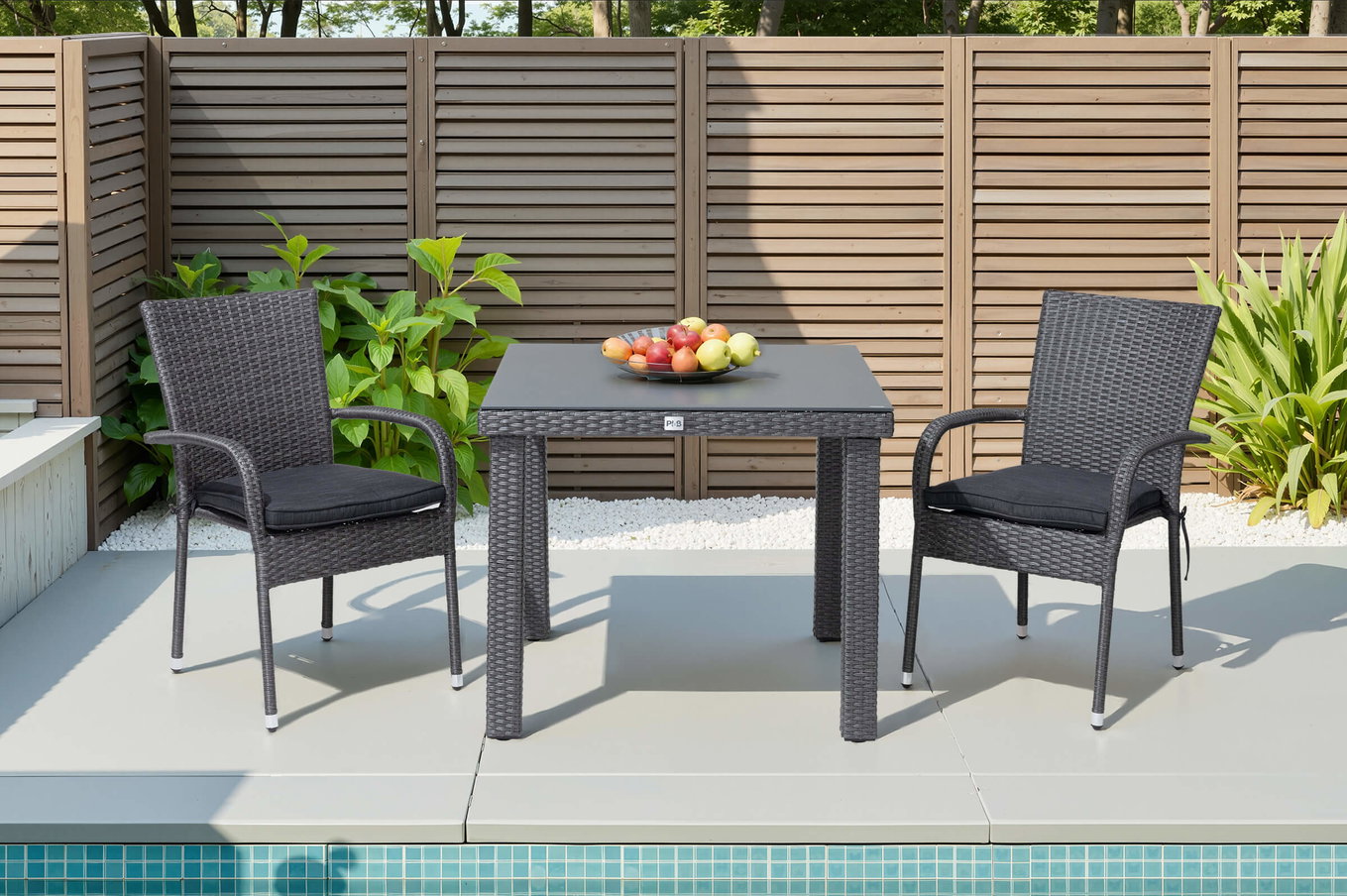 OUTFLEXX Rocking Balkon-Set, grau/braun-meliert, Polyrattan, Tisch 90x90 cm, 2 Stapelstühle, Glasplatte in Steinoptik 21074__1