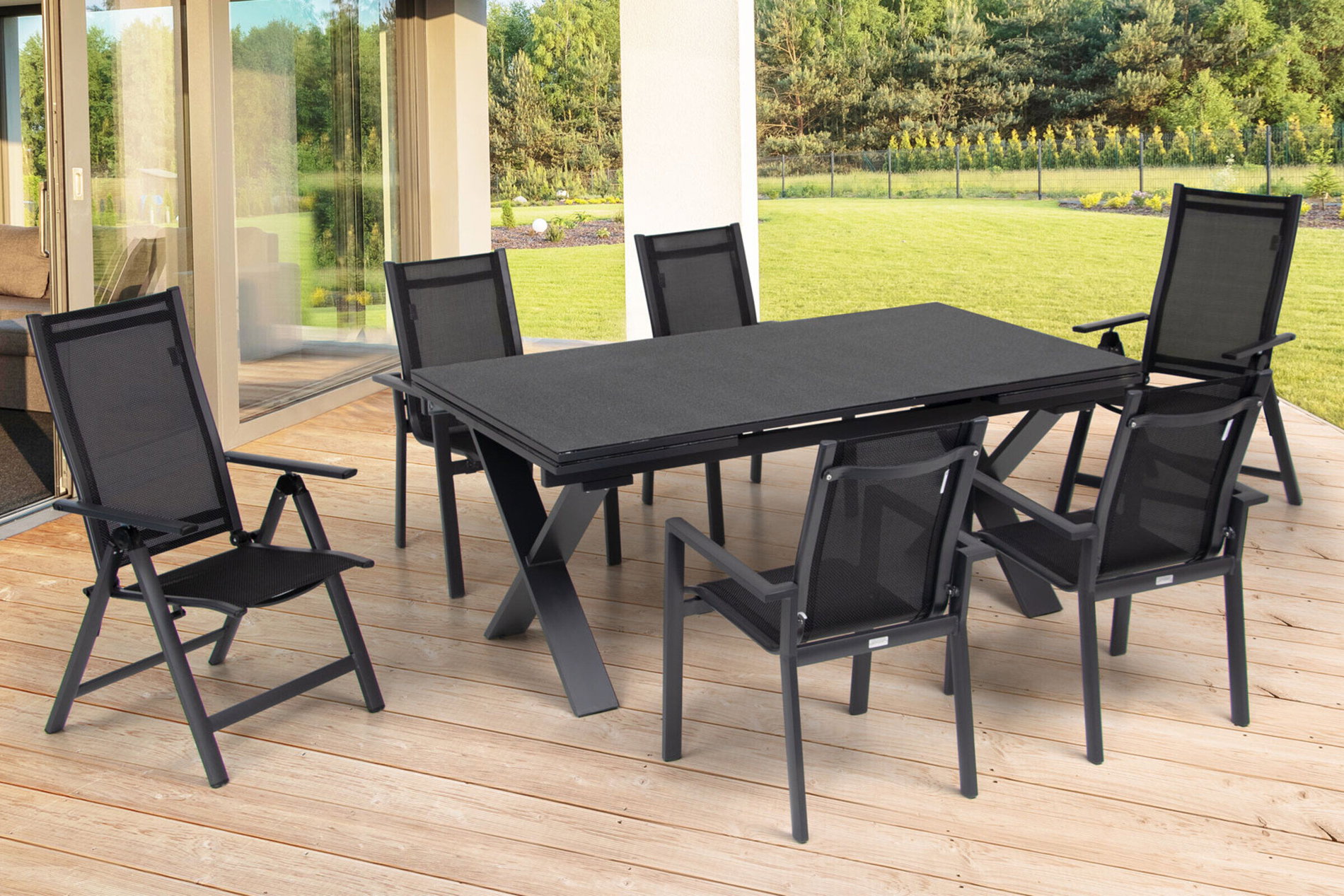 OUTFLEXX Garten-Essgruppe, OUTFLEXX® anthrazit matt, Alu / Spraystone / Textil, Tisch 180/280 x 100 cm, 4 Stapelsessel, 2 Klappstühle 22139__1