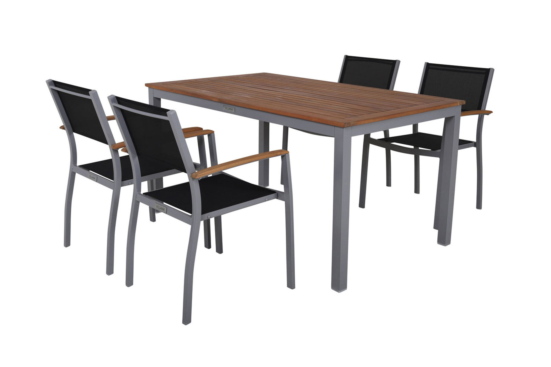VILLANA Garten-Essgruppe, silber/schwarz, Alu / Akazie, Gartentisch 150 x 90 cm, 4 Stapelsessel, FSC®-zertifiziertes Produkt 16468__1