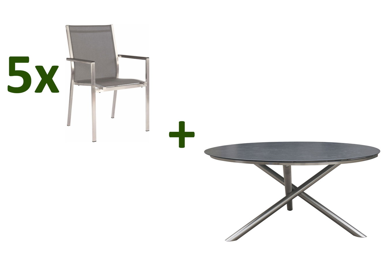 STERN Garten-Essgruppe, silber/grau, Edelstahl/Textil/Alu/Glaskeramik, Tisch Ø150cm, 5 Stapelsessel 24427__1