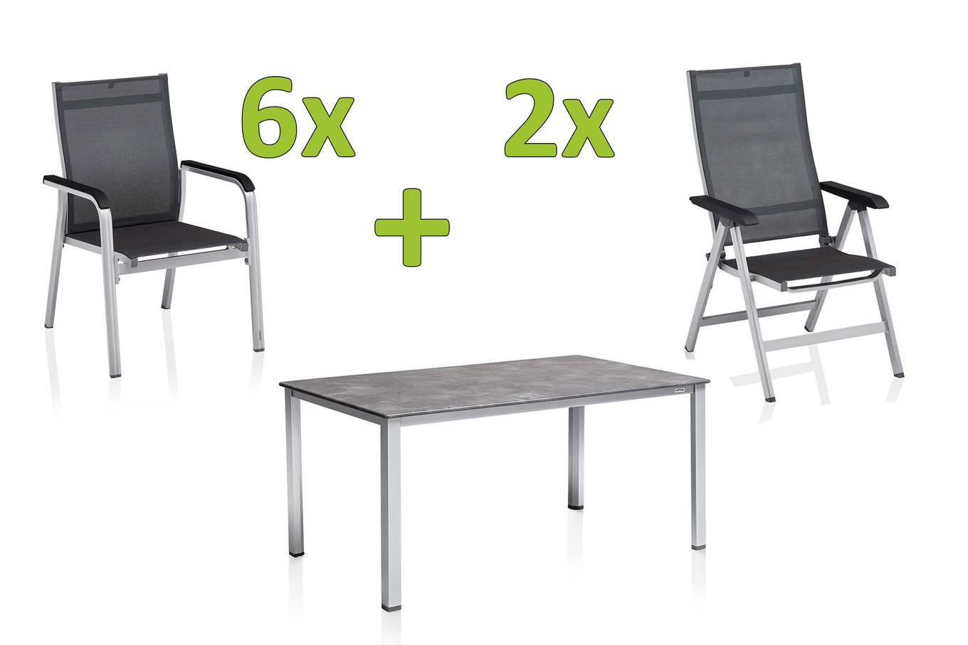 KETTLER BasicPlus Premium Garten-Essgruppe, silber, Alu, Tisch 160x90 cm, 4 Stapelsessel-,2 Klappstühle 31564__1