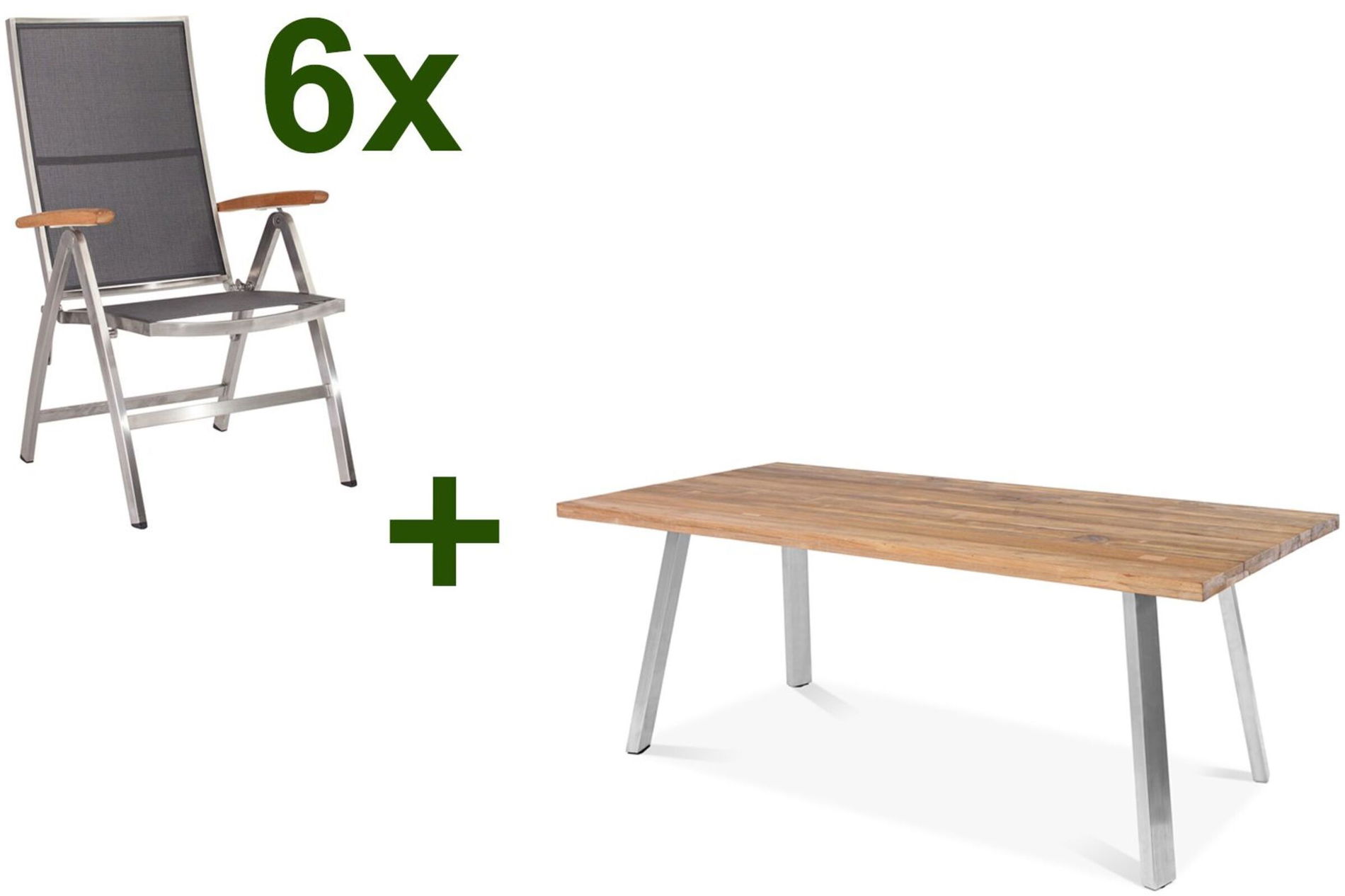 STERN Cardiff Garten-Essgruppe, silber/silbergrau, Edelstahl/recyceltes Teak, Tisch A-Gestell 200 x 100 cm, 6 Klappstühle, FSC®-zertifiziertes Produkt 19762__1