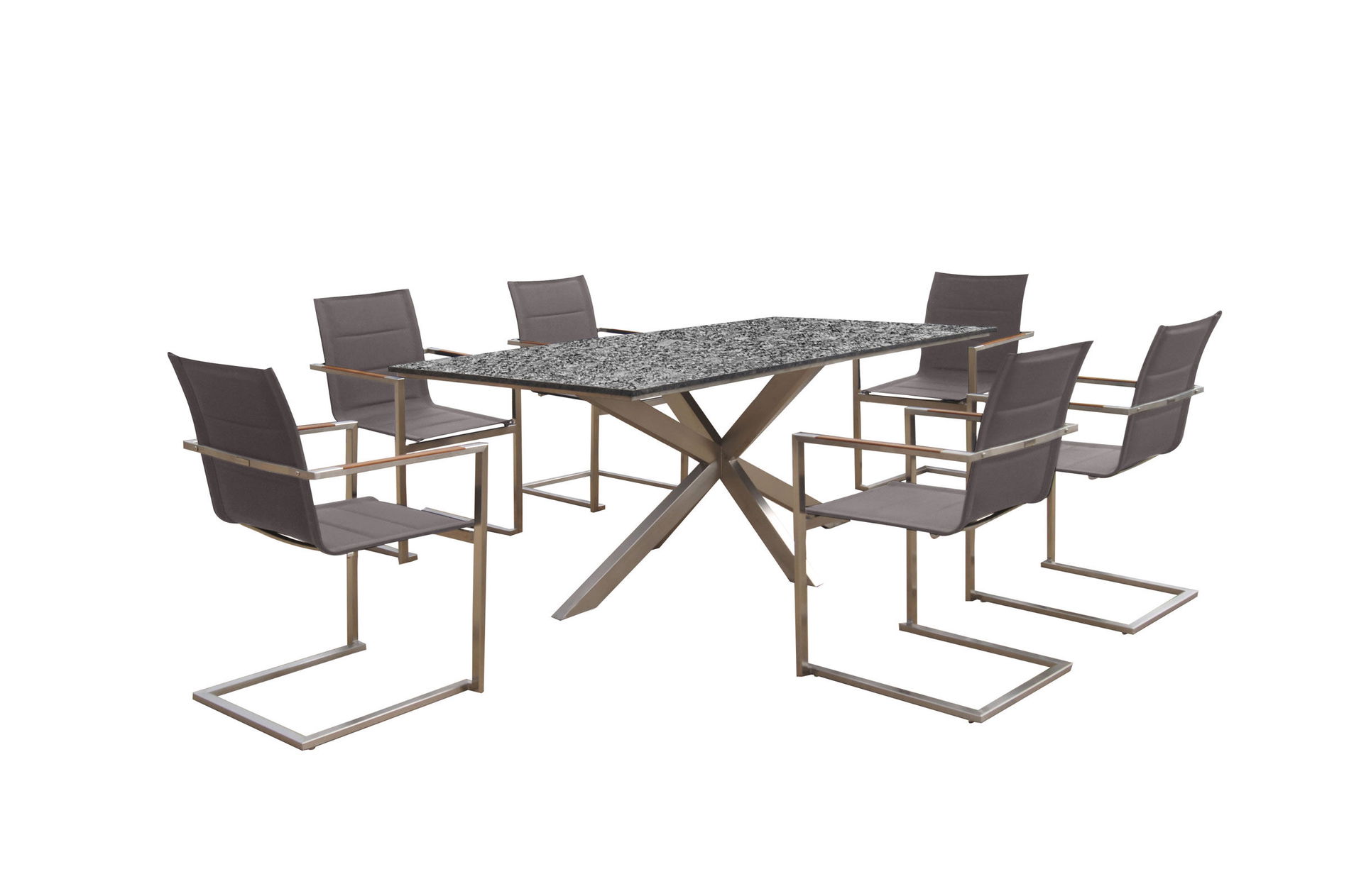 OUTFLEXX Garten-Essgruppe, silber/taupe, Edelstahl/Granit/Textil, 200x100 cm, 6 Freischwinger, padded, Armlehnen aus Teak 22793__1
