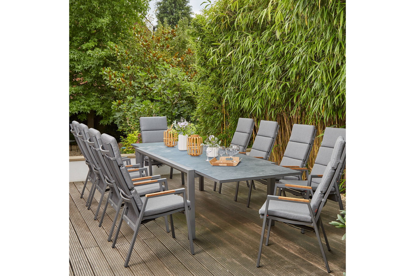 SIENA GARDEN Savona/Kingston Garten-Essgruppe, matt graphit/grau/slate look, Alu/Teak/Keramik/Texfabric, Tisch 220/340x108 cm, 10 Stapelsessel 22049__1