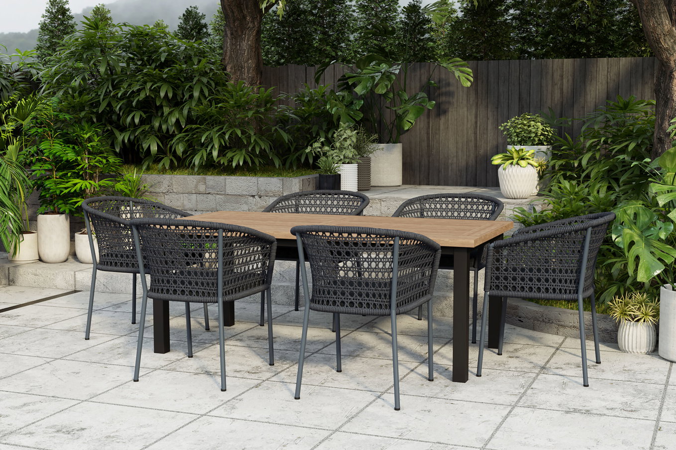 OUTFLEXX Oxford/Zui Garten-Essgruppe, anthrazit/dunkelgrau, Edelstahl/recycled Teak/Rope, 200/260 x 100 cm, 6x Sessel, inkl. Polster 24310__1