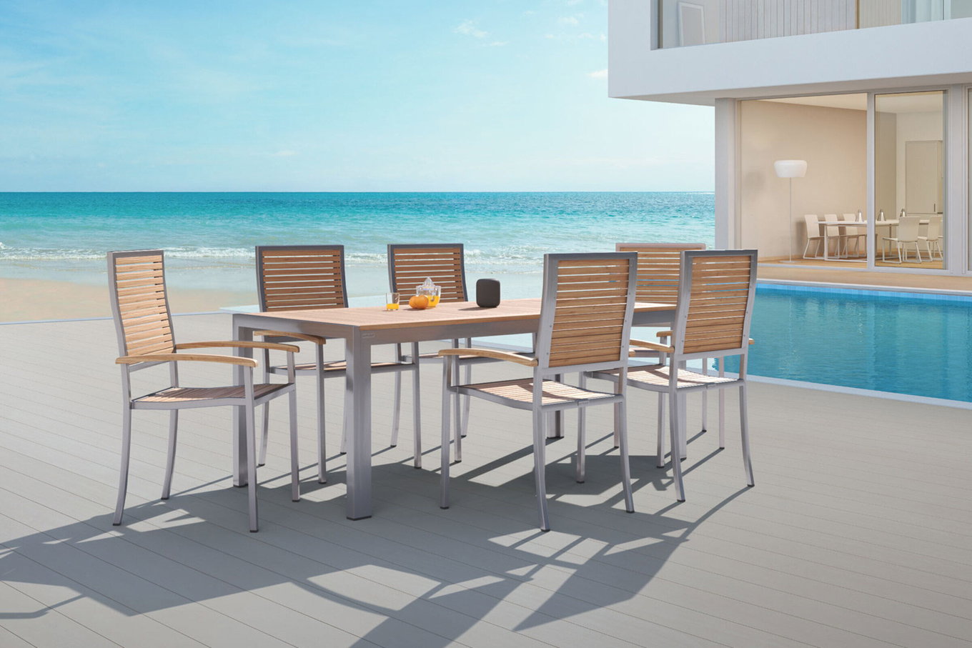 OUTFLEXX Garten-Essgruppe, natur, Edelstahl/Teak, Esstisch 200 x 90 cm, 6 Stapelstühle, FSC®-zertifiziertes Produkt 14210__1