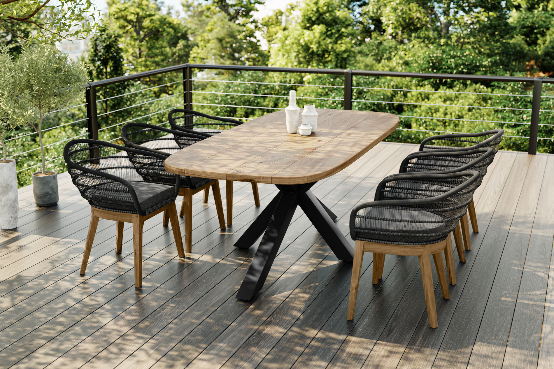 OUTFLEXX Belgium Garten-Essgruppe, natur/dunkelgrau, Alu/recyceltes Teak, Tisch 220 x 100 cm, 6 Stühle, Kissen Inklusive, FSC®-zertifiziertes Produkt