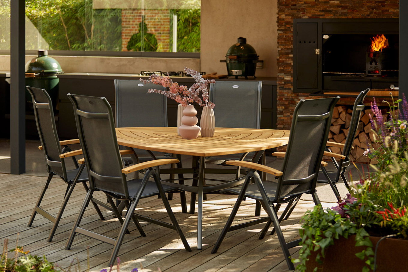 HARTMAN Alice/Triangular Garten-Essgruppe, xerix/natur, Alu/Teak/2x2 Textilen, 170x170, 6 Klappstühle 24162__1