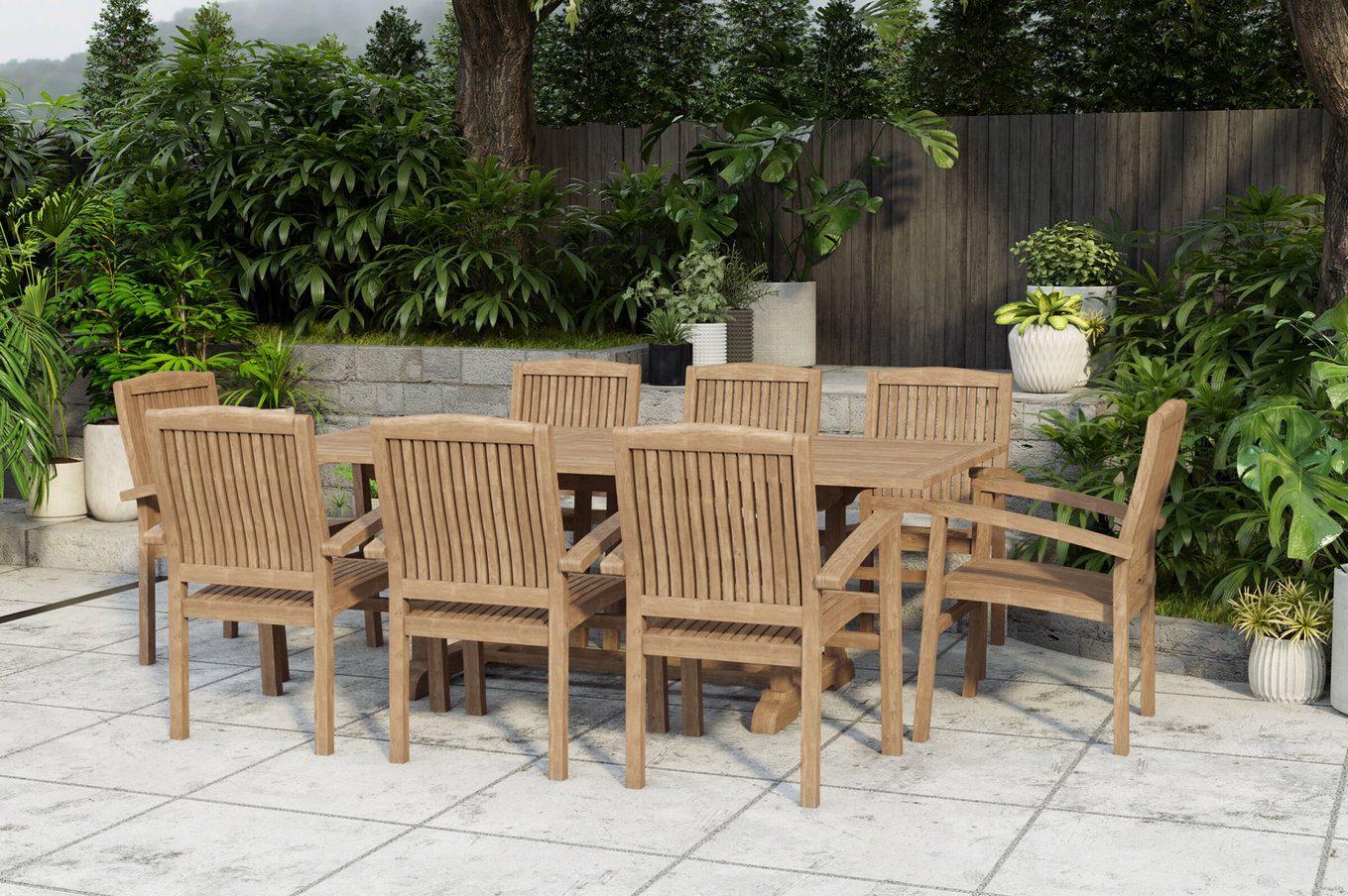 OUTFLEXX Ontario/Washington Garten-Essgruppe, natur, Teak, 160/210x90cm, 8x Stapelsessel 24365__1