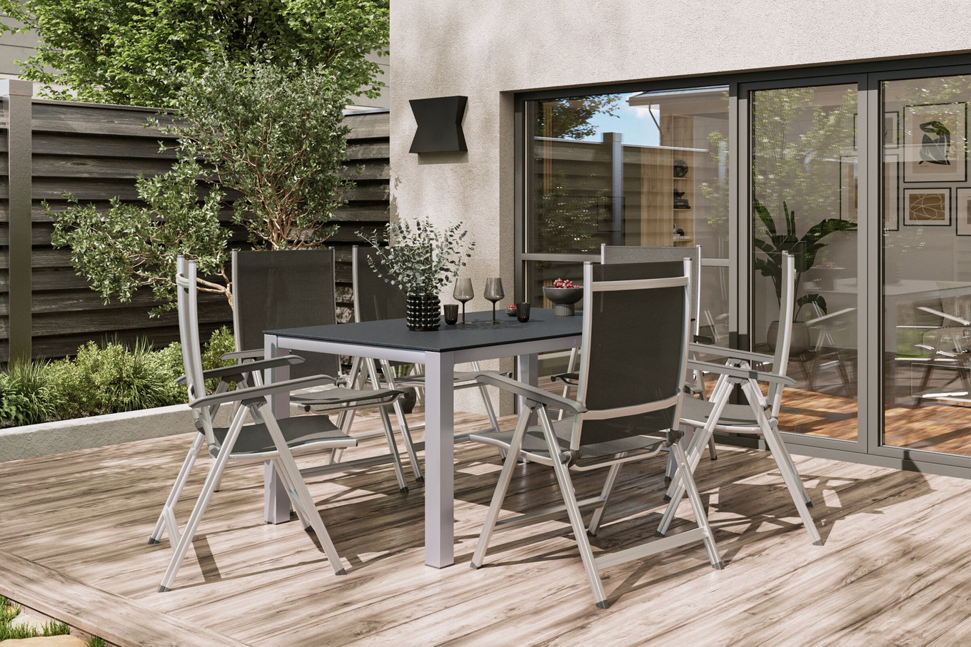 KETTLER BasicPlus Garten-Essgruppe, silber/anthrazit, Alu/Spraystone/Textil, 160 x 95 cm, inkl. 6 Klappstühle 28317__1