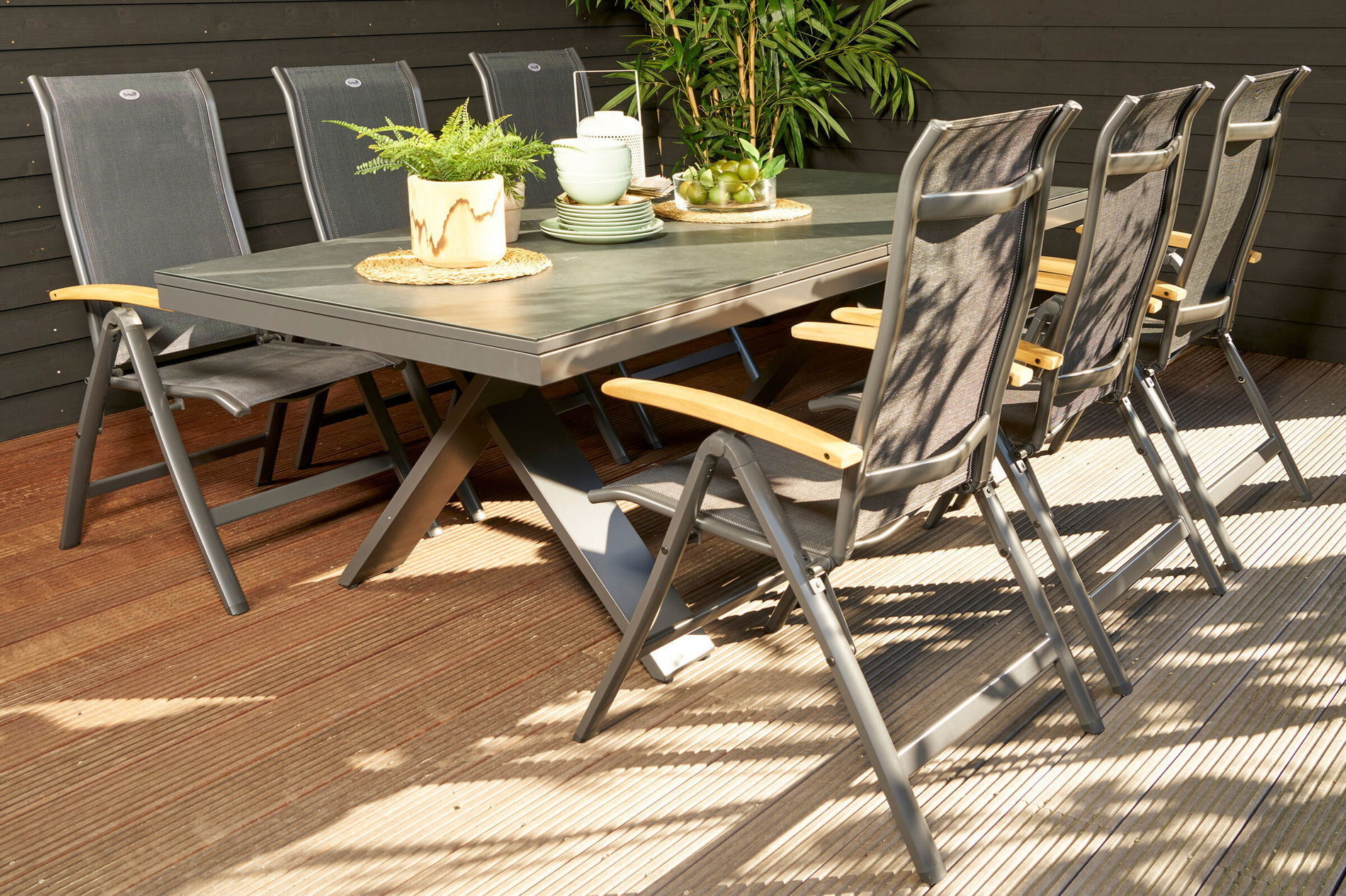 HARTMAN Xanadu/Alice Garten-Essgruppe, xerix, Alu/Glaskeramik/Teak/2x2 Textilen, 220/280x100 cm, 6 Klappstühle, X-Gestell 24172__1