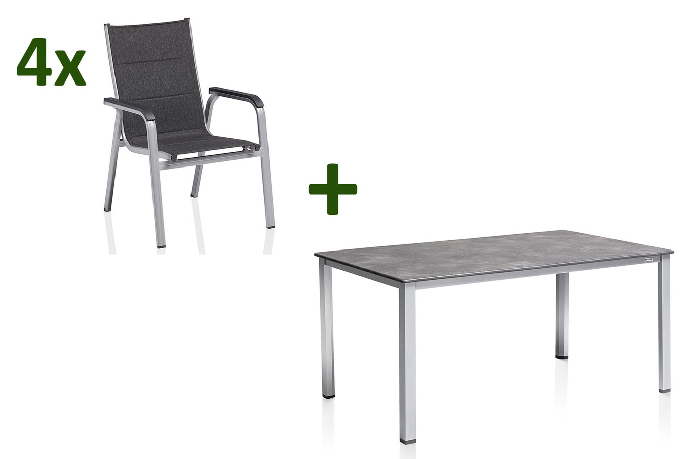 KETTLER Cubic/ Basic Plus Padded Garten-Essgruppe, silber/anthrazit, Alu/Textilene, Tisch 160x90 cm, 4 Stapelsessel 28701__1