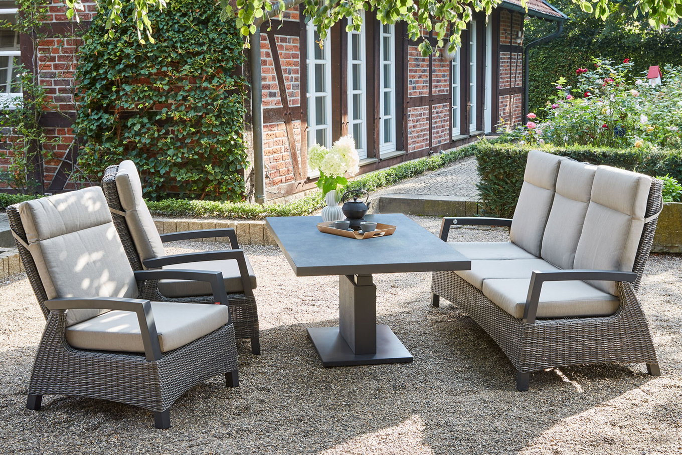SIENA GARDEN Corido/Bellani Grau Gartenlounge, charcoal/anthrazit/grau, Alu/Gardino®-Geflecht, Lifttisch 160x90cm, 1x 3-Sitzer, 2x Loungesessel 22117__1