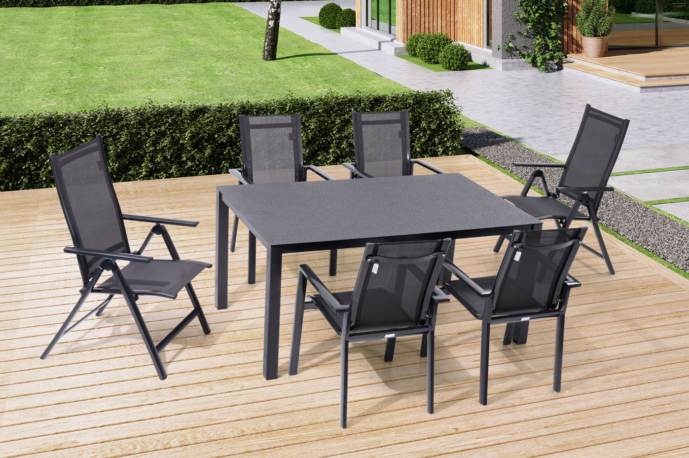 OUTFLEXX Garten-Essgruppe, anthrazit, Alu/Spraystone/Textilen, 160 x 95 cm, 4 Stapelsessel, 2 Klappstühle 28179__1