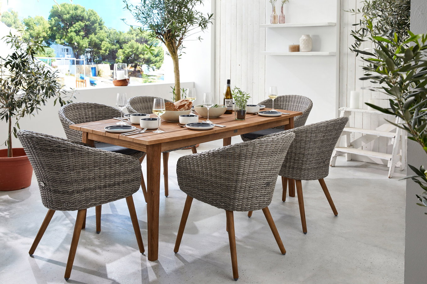 OUTFLEXX Borneo/Kota Garten-Essgruppe, natur/grau-meliert, Akazie/Alu/Polyrattan, 180x90cm, 6 Cocktailsessel, FSC®-zertifiziertes Produkt 28601__1