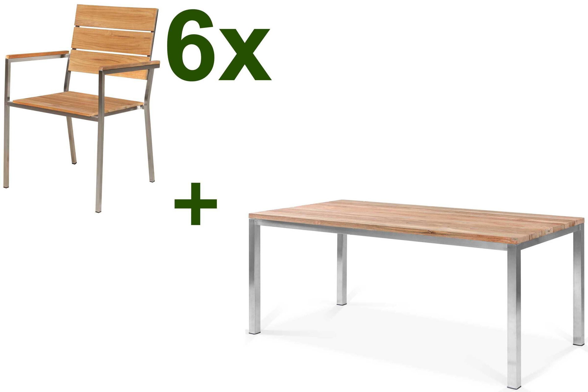 OUTFLEXX Garten-Essgruppe, Edelstahl/recyceltes Teak, Tisch 180 x 90 cm, 6 Stapelsessel, FSC®-zertifiziertes Produkt 17281__1