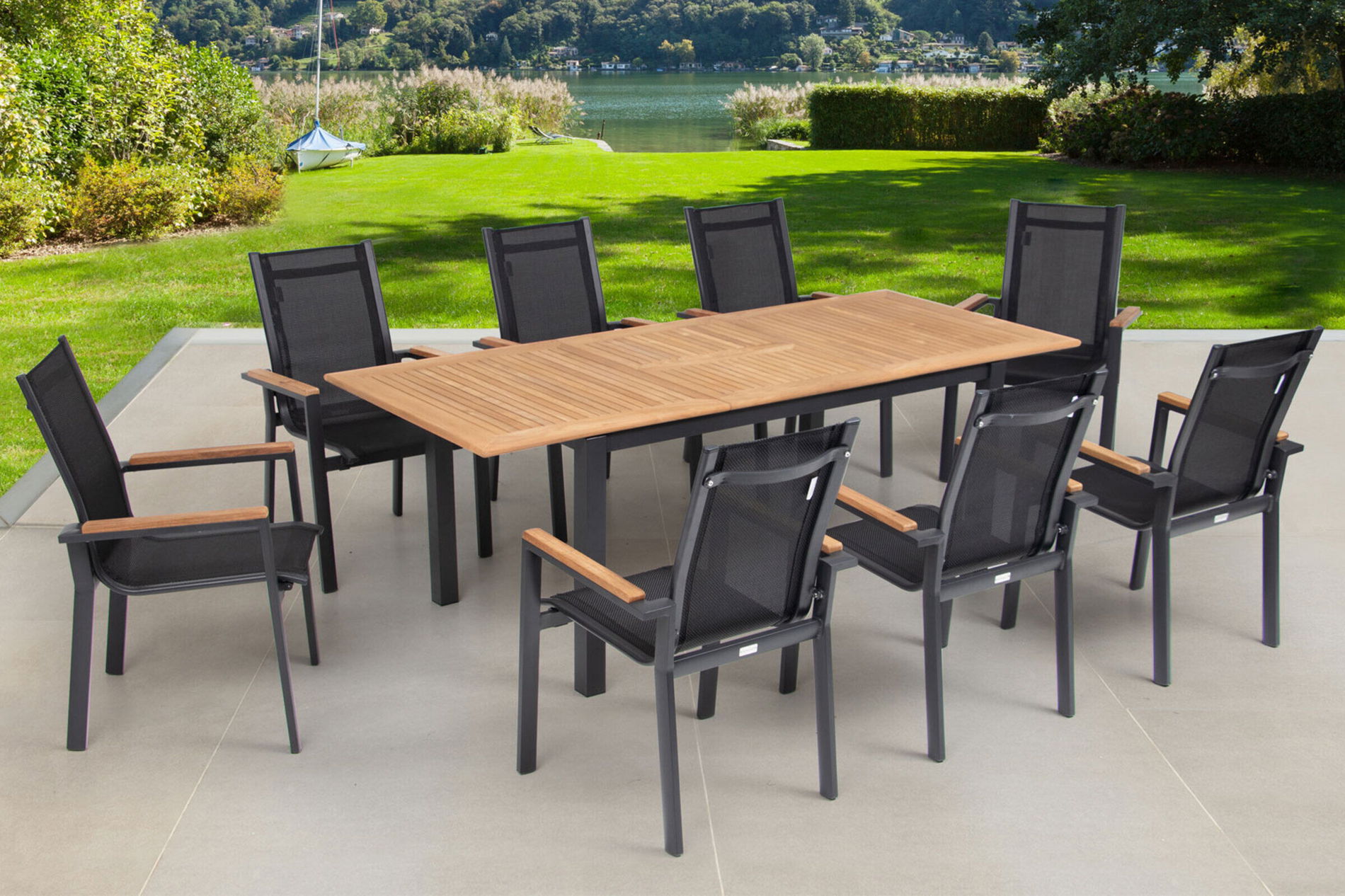 OUTFLEXX Garten-Essgruppe, OUTFLEXX® anthrazit matt, Alu / Teak / Textil, Tisch 150/210x90cm, 8 Stapelsessel 22170__1