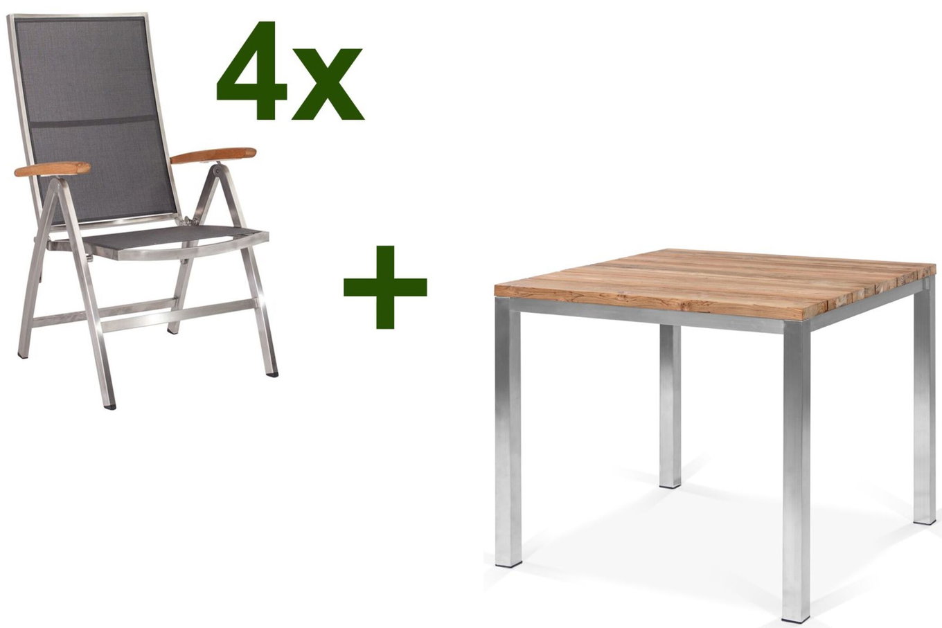 STERN Cardiff Garten-Essgruppe, silber/silbergrau, Edelstahl/recyceltes Teak, Tisch 90 x 90 cm, 4 Klappstühle, FSC®-zertifiziertes Produkt 19770__1