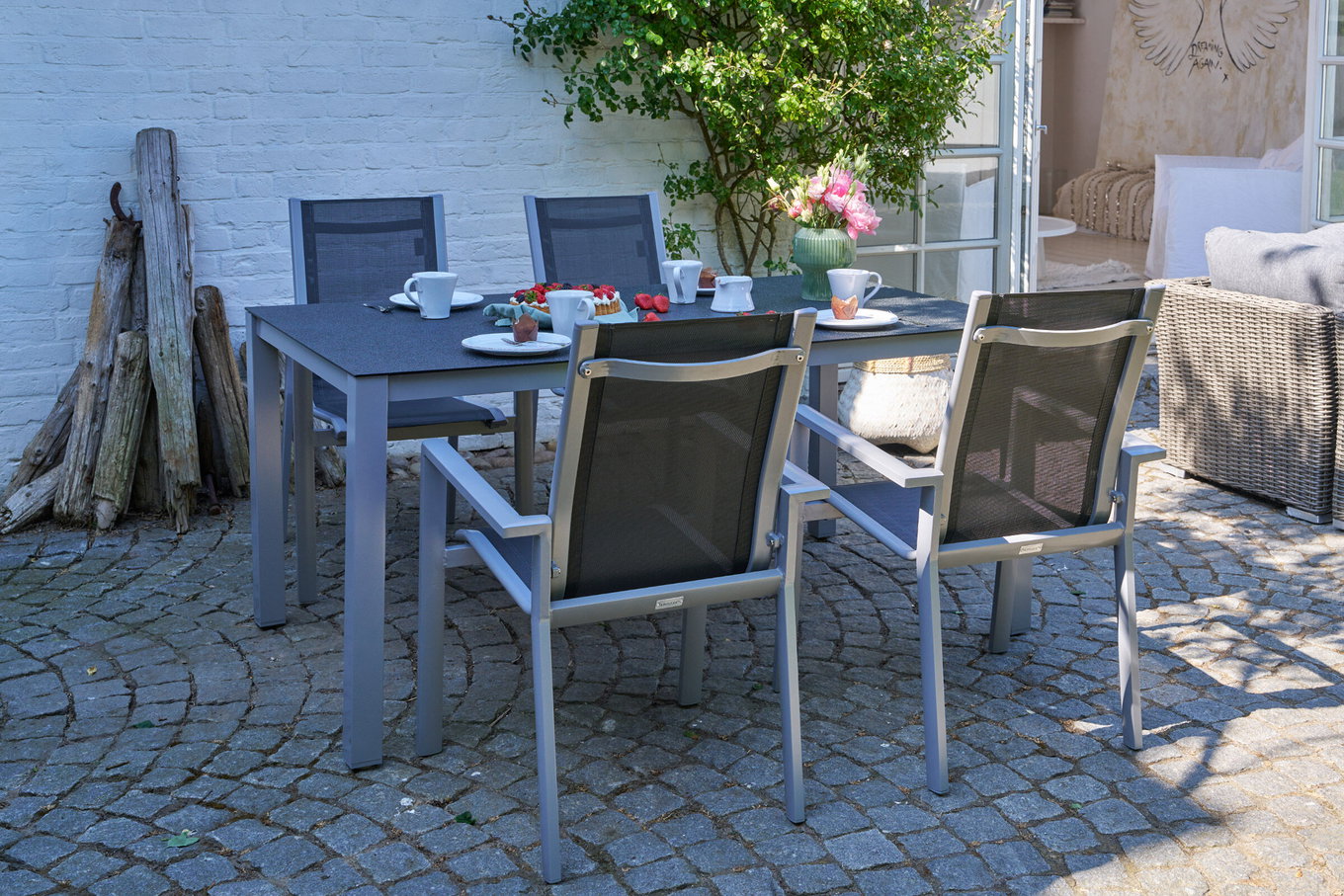 OUTFLEXX Garten-Essgruppe, silber/anthrazit, Alu/Spraystone/Textilen, 160x95 cm, 4 Stapelsessel 28172__1