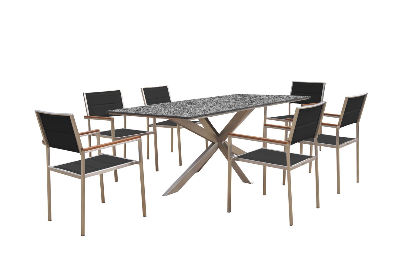 OUTFLEXX Garten-Essgruppe, silber/schwarz, Edelstahl/Granit/Textil, 200x100 cm, 6 Stühle, padded, Armlehnen aus Teak 22787__1