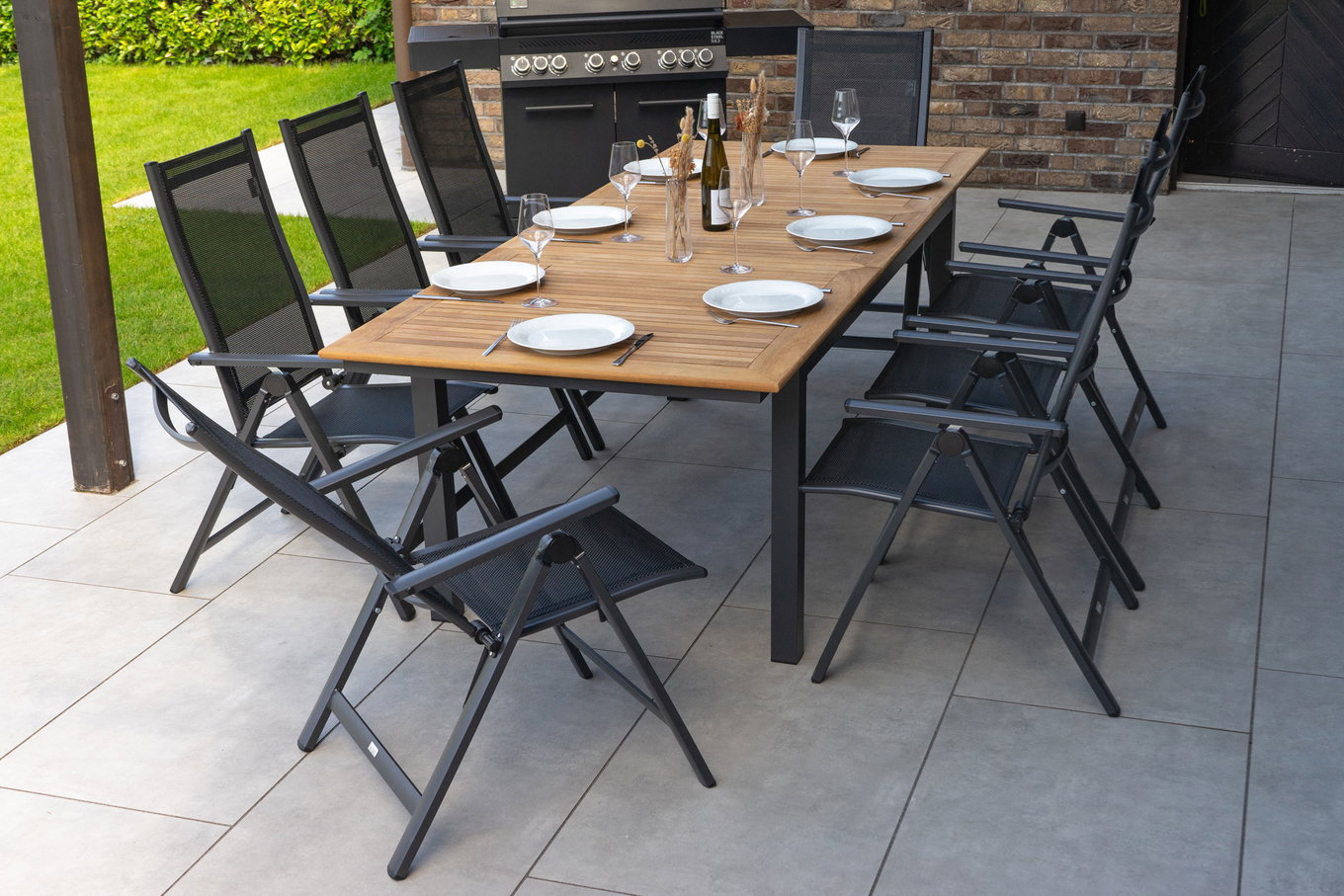 OUTFLEXX Garten-Essgruppe, OUTFLEXX® anthrazit matt, Alu / Teak / Textil, Ausziehtisch 180/240 x 100cm, 8 Klappstühle 22192__1