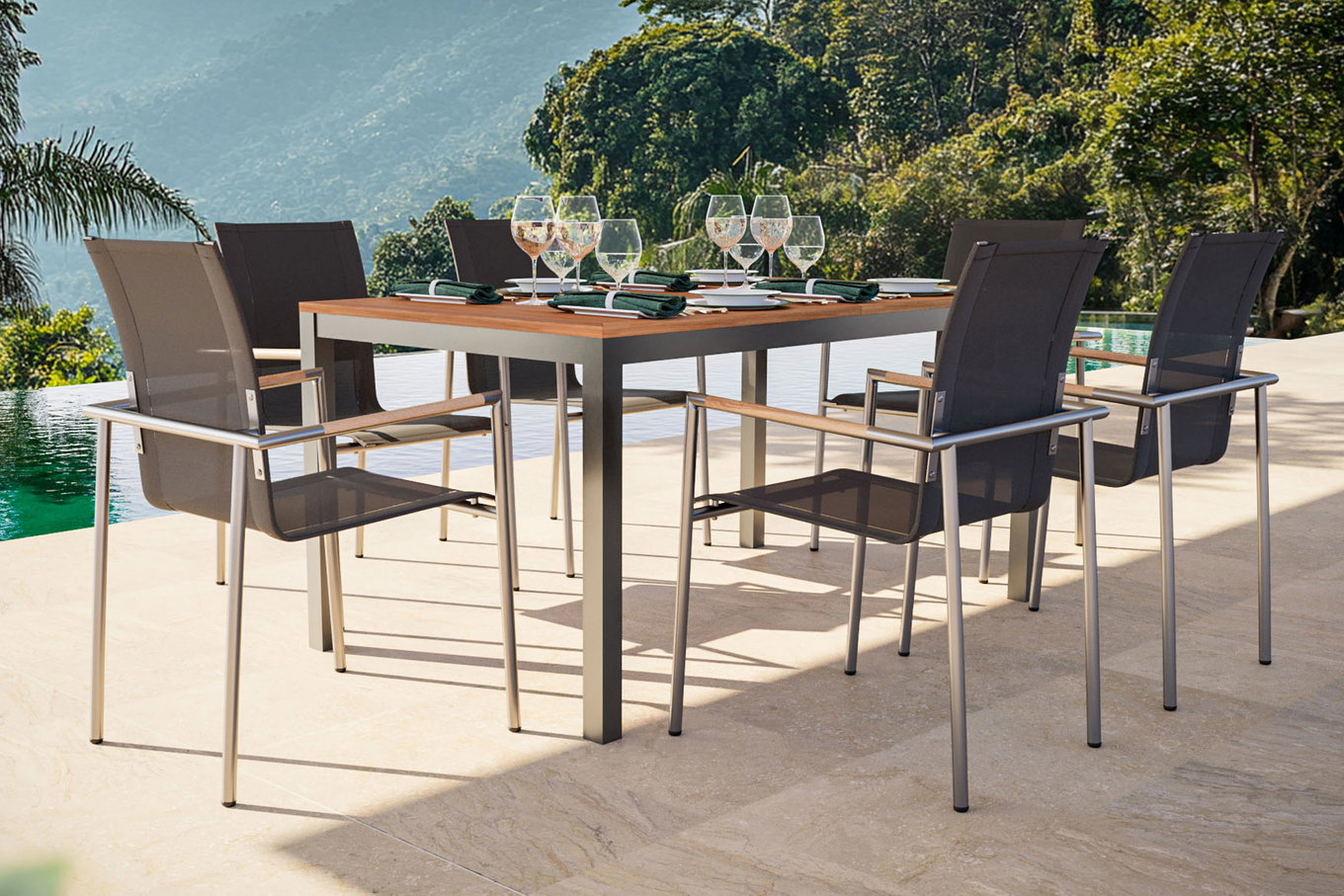 OUTFLEXX Garten-Essgruppe, natur/anthrazit, Edelstahl/Textilene/Teak, Ausziehtisch 150/200x90cm, 6 Diningsessel 24083__1