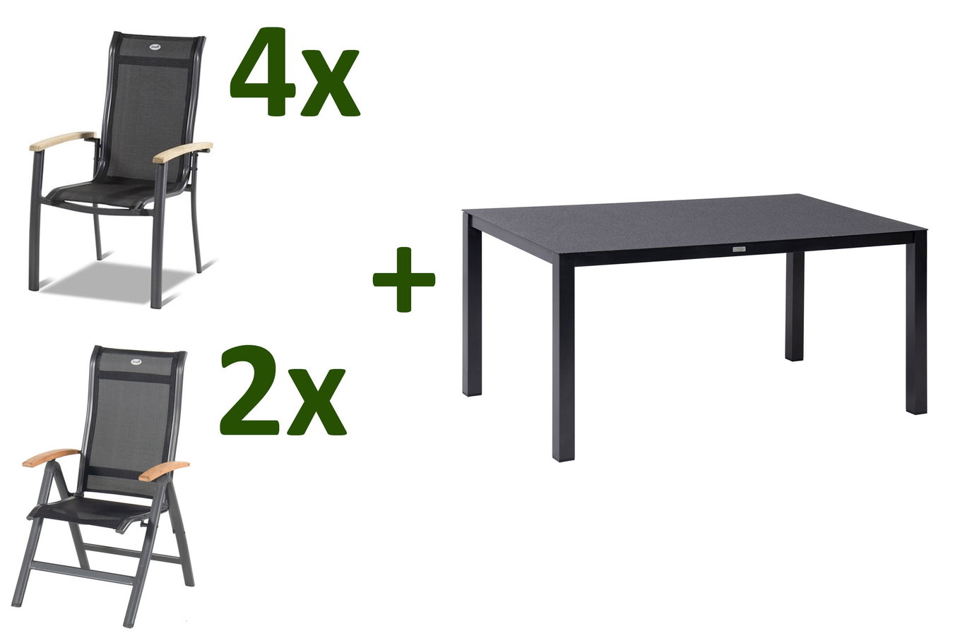 HARTMAN Alice Garten-Essgruppe, xerix/schwarz, Alu/Spraystone/Teak/4x4 Textilen, 160 x 95 cm, 4 Stapelsessel, 2 Klappstühle 28417__1