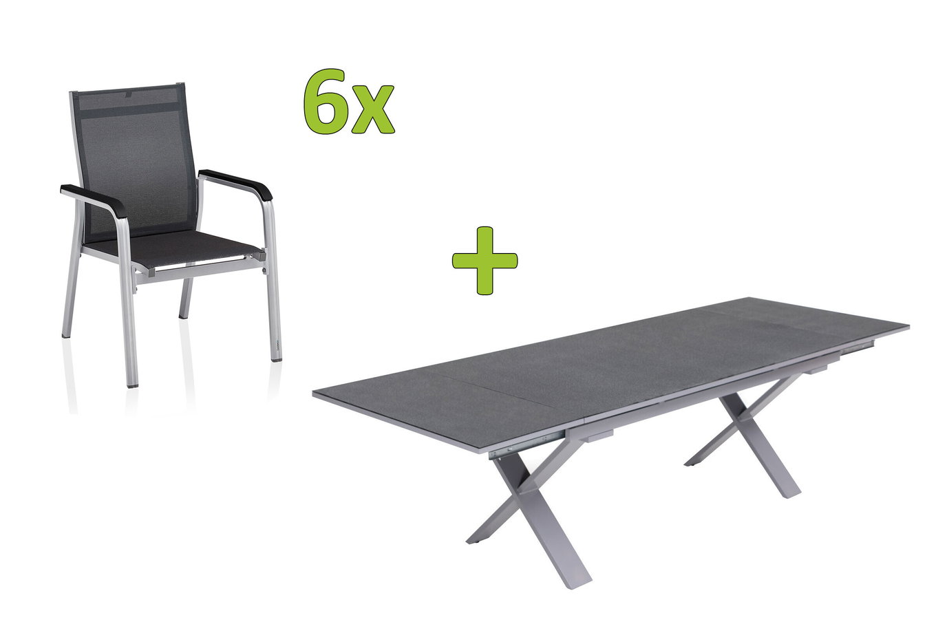 KETTLER BasicPlus Premium Garten-Essgruppe, silber, Alu/Textilene, Tisch 180/280 cm, 6 Stapelsessel 31527__1
