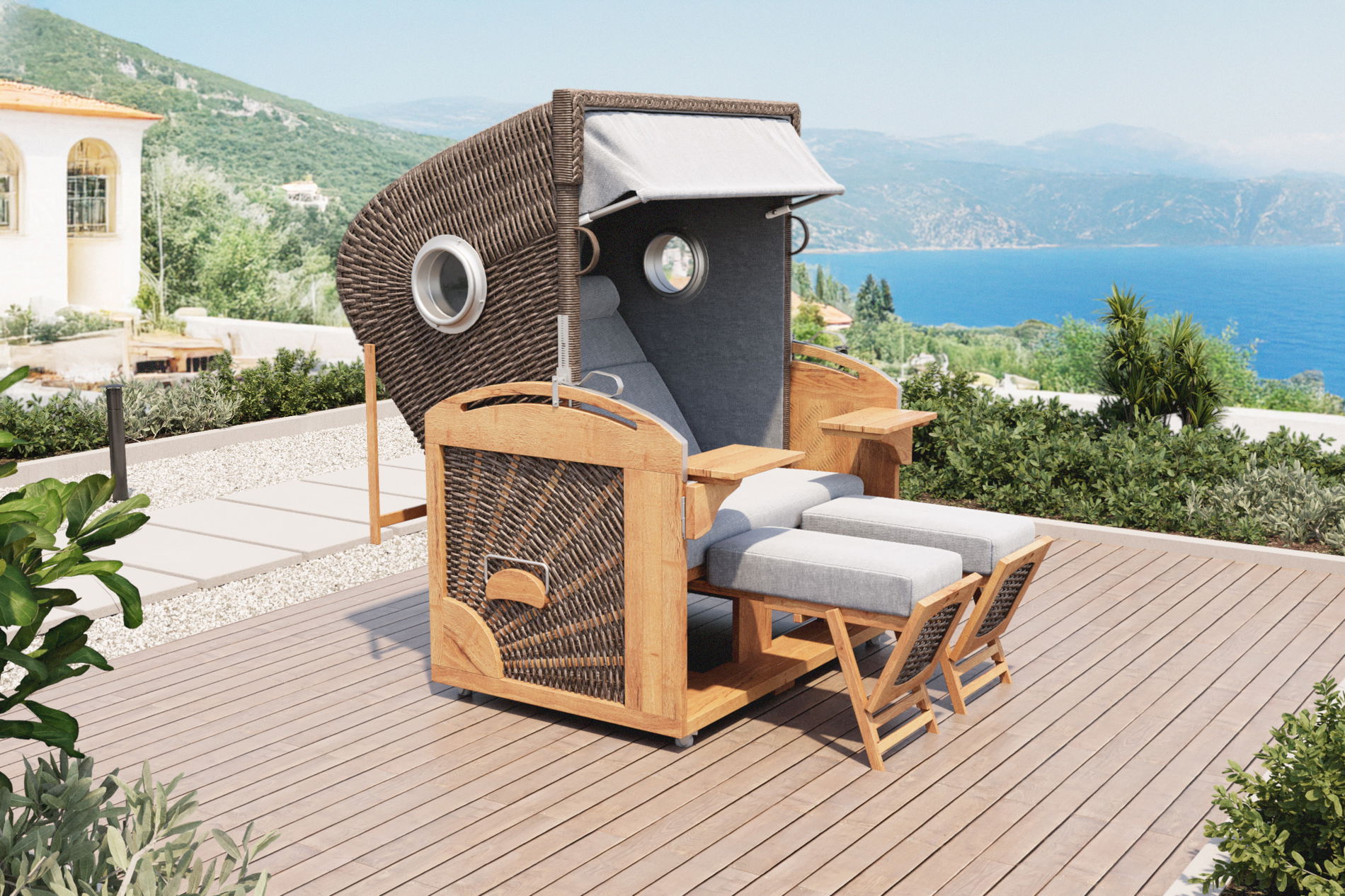 OUTFLEXX Stella Strandkorb, dunkelbraun/hellgrau, Teakholz/Geflecht, 128x88x175 cm, inkl. Seitlichen Fenster und Seitentischen, verstellbar