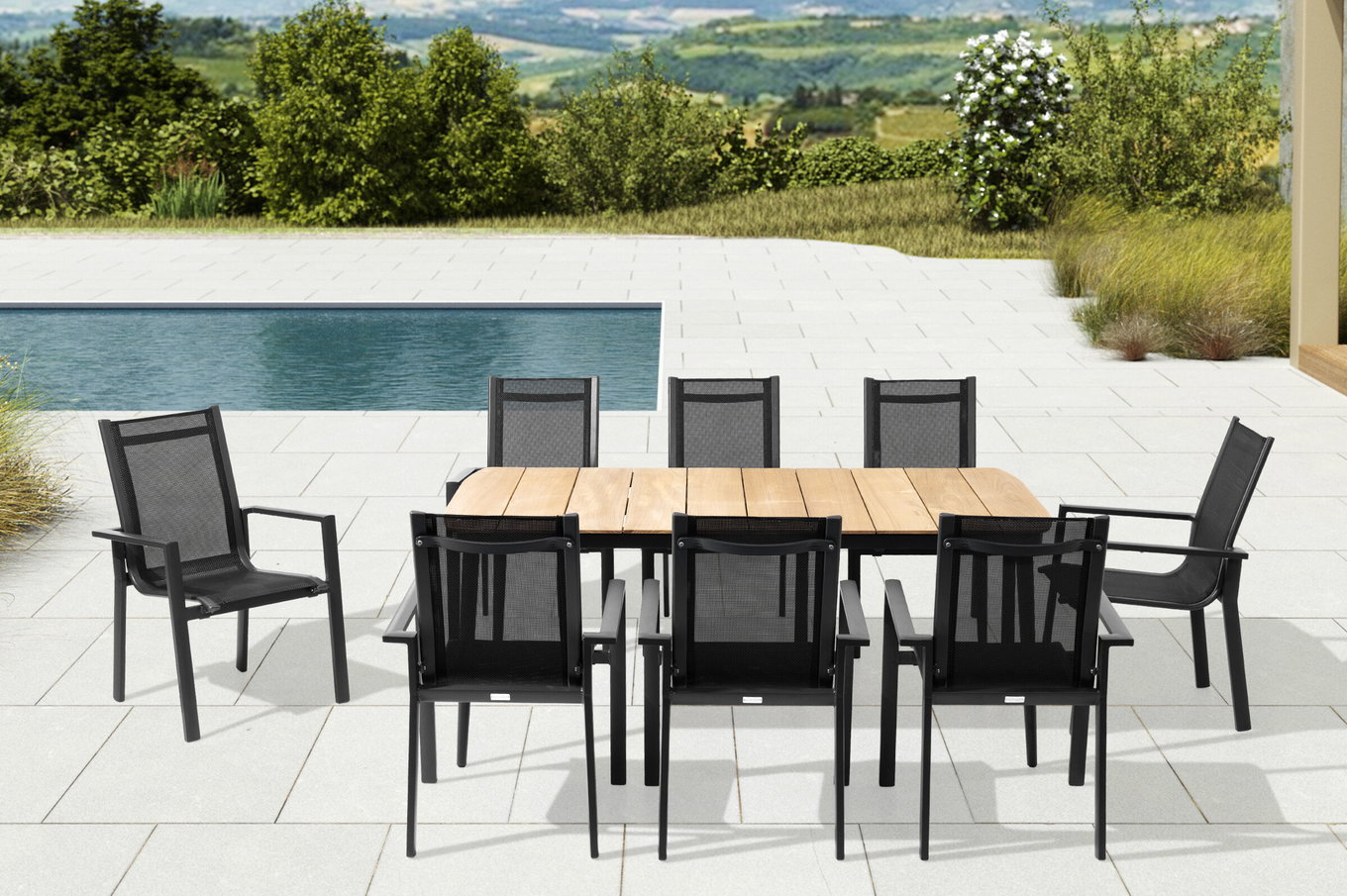 OUTFLEXX Garten-Essgruppe, anthrazit matt, Alu/Teak/Textil, 184x100 cm, 8 Stapelsessel 28210__1