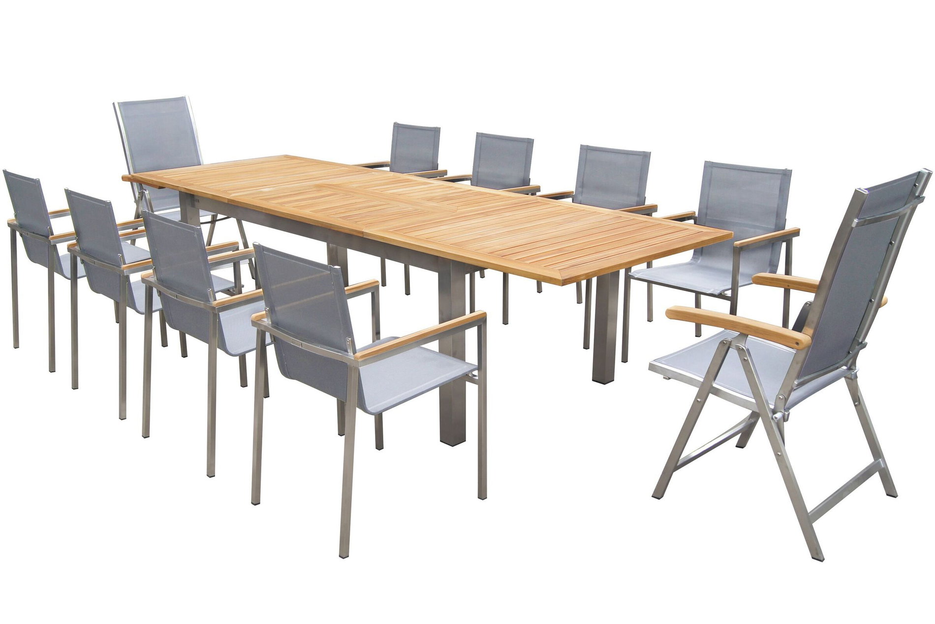 OUTFLEXX Garten-Essgruppe, silber, 200/300 x 100 cm, Edelstahl/Teak, Ausziehtisch, 8 Stapelstühle, 2 Klappstühle, FSC®-zertifiziertes Produkt 14154__1