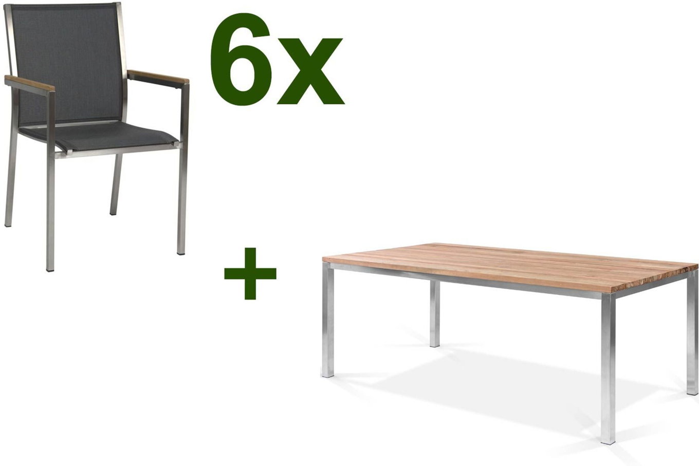 STERN Polaris Garten-Essgruppe, silbergrau, Edelstahl/recycled Teak, Tisch 200 x 100 cm, 6 Stapelsessel 18095__1