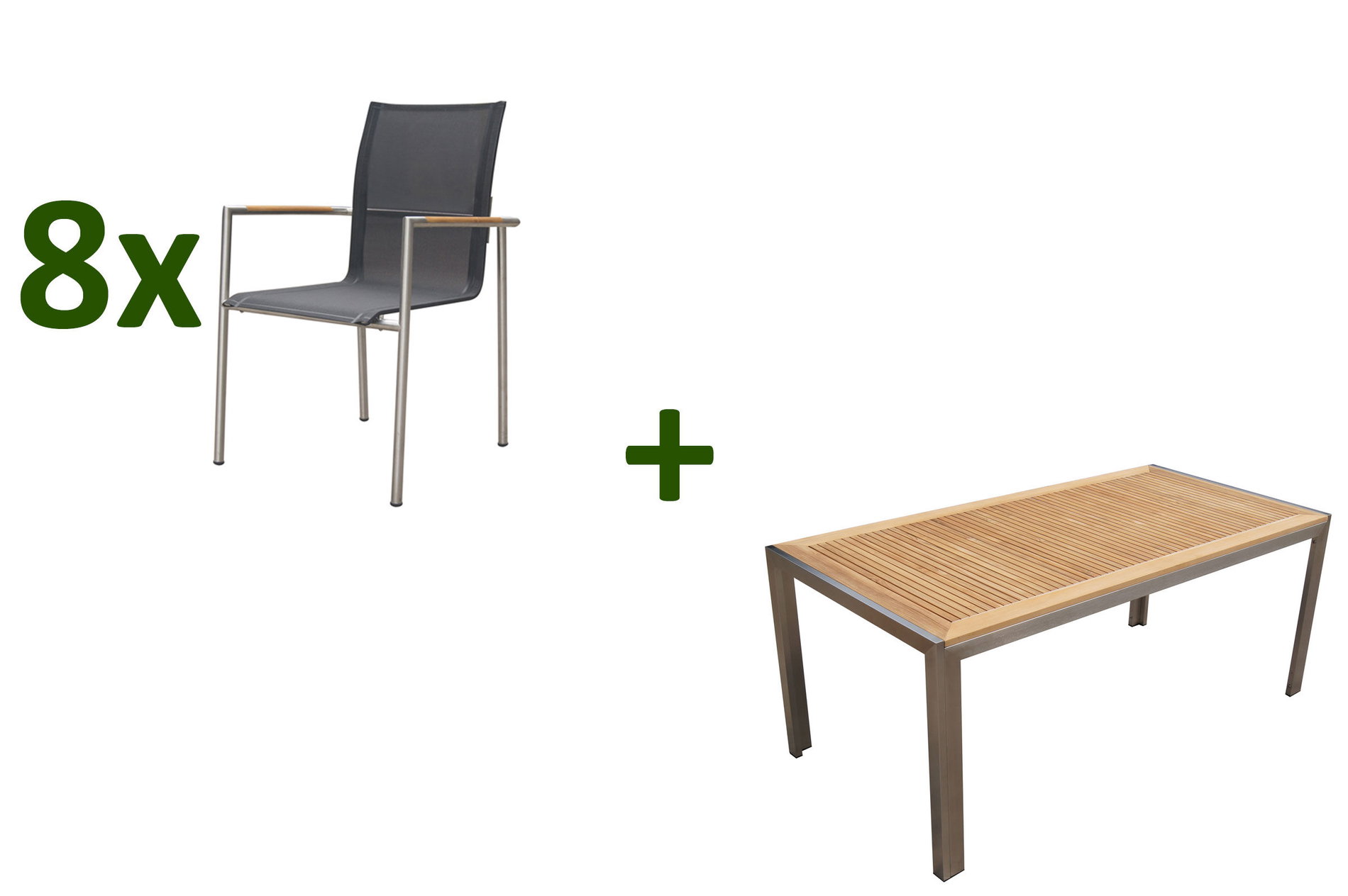 OUTFLEXX Garten-Essgruppe, natur/anthrazit, Edelstahl/Textilene/Teak, Tisch 180x90cm, 8 Diningsessel 24076__1