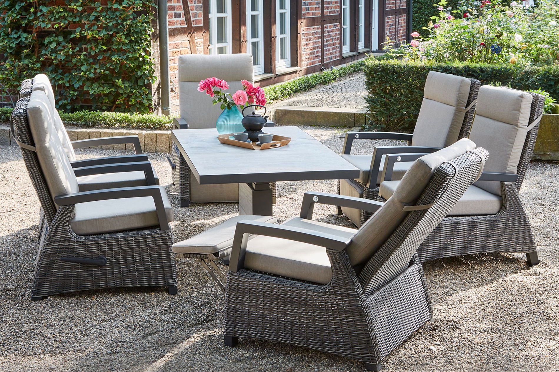 SIENA GARDEN Corido/Bellani Pinie Gartenlounge, charcoal/anthrazit/pinie-grau, Alu/Keramik/Gardino®-Geflecht, Lifttisch 160x90 cm, 6 Relaxsessel