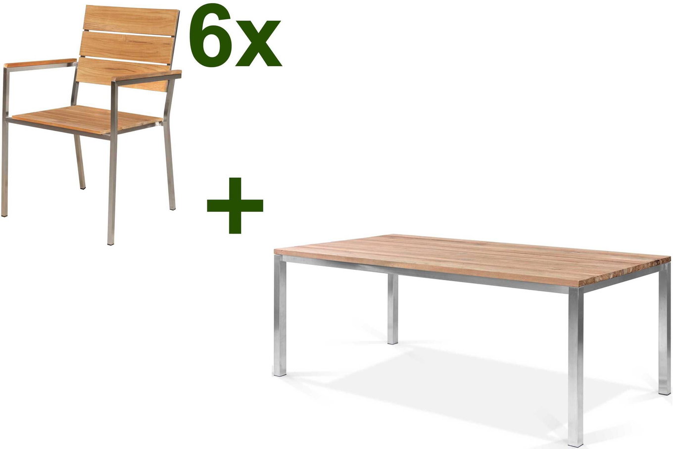 OUTFLEXX Garten-Essgruppe, Edelstahl/Teak, Tisch 200 x 100 cm, 6 Stapelsessel, FSC®-zertifiziertes Produkt 17296__1