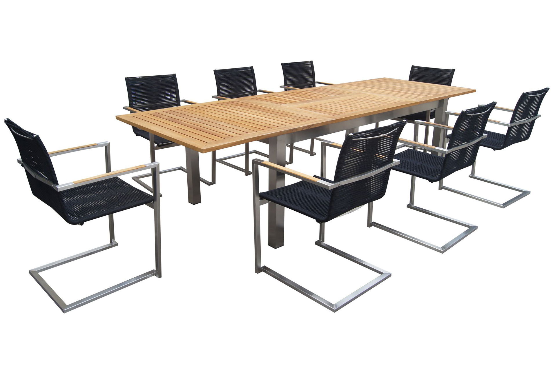 OUTFLEXX Garten-Essgruppe, silber/schwarz, Edelstahl/Teak, Ausziehtisch 200-300 x 100 cm, 8 Freischwinger, FSC®-zertifiziertes Produkt 18867__1