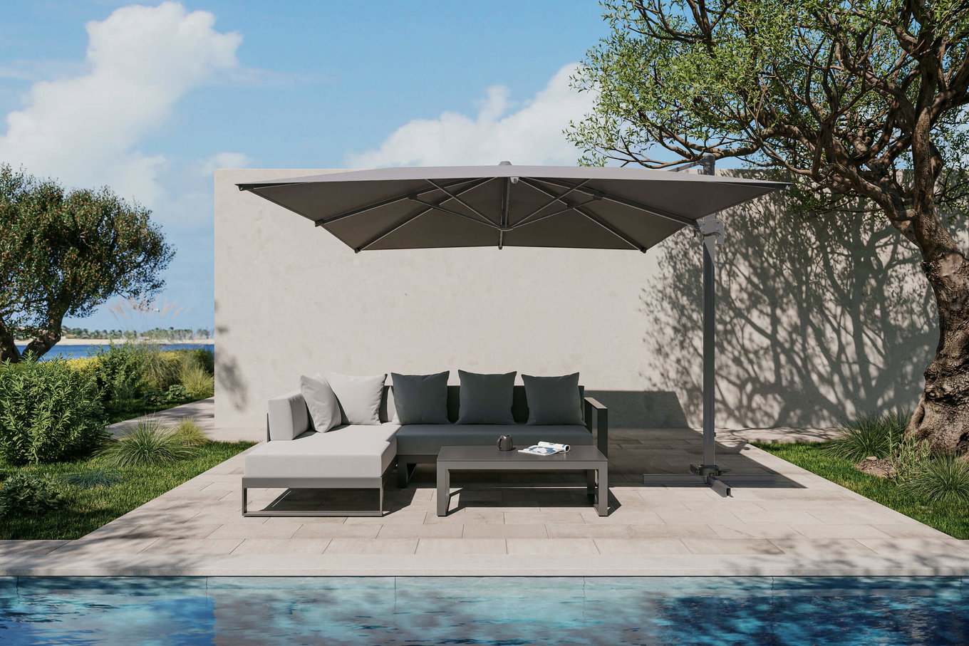 OUTFLEXX Almeria Gartenmöbel-Set Lounge inkl. Ampelschirm, anthrazit/grau, Alu/Glas, 400 x 300 cm, pulverbeschichtet, UV-Schutz, witterungsbeständig 80571__1