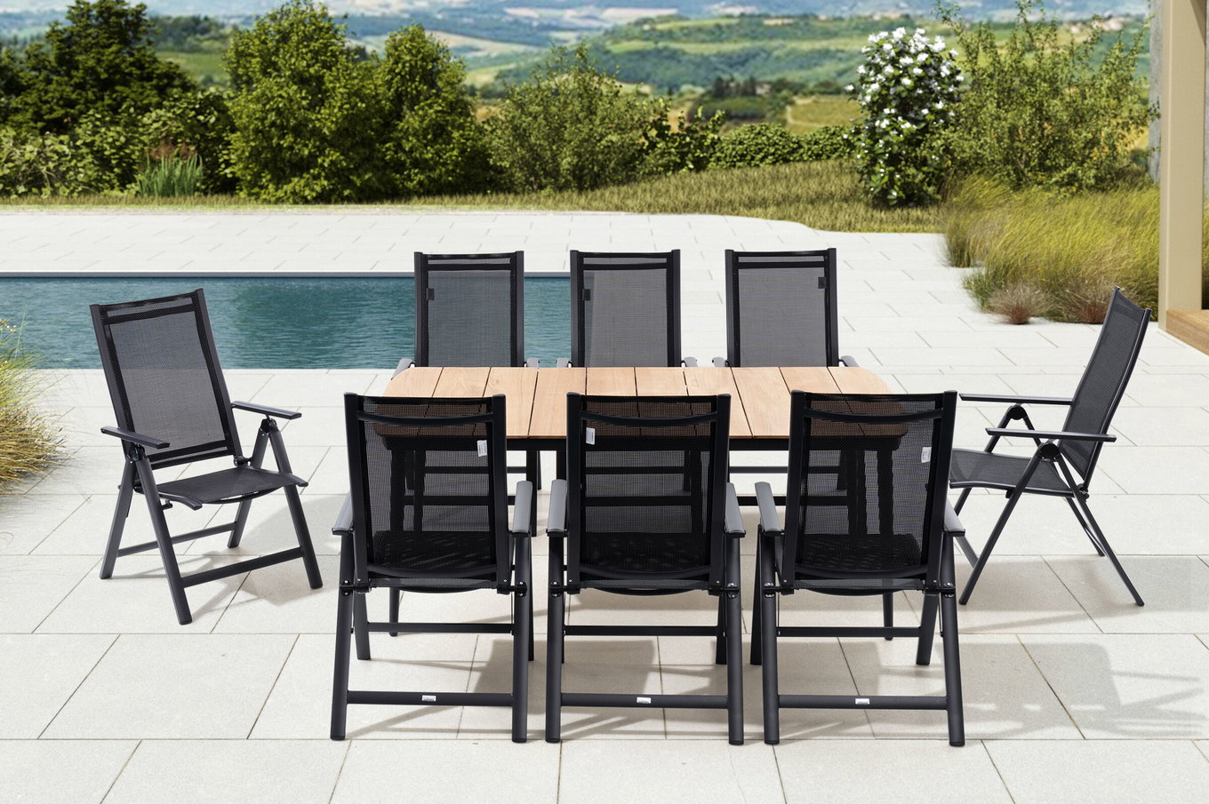 OUTFLEXX Garten-Essgruppe, anthrazit matt, Alu/Teak/Textil, 185 x 100 cm, 8 Klappstühle 28208__1