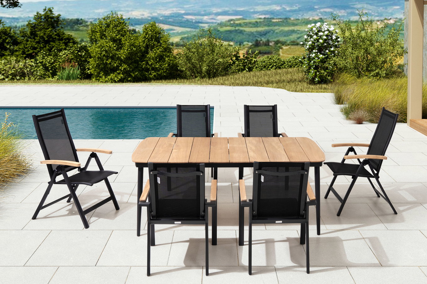 OUTFLEXX Garten-Essgruppe, anthrazit matt, Alu/Teak/Textil, 184x100 cm, 4 Sessel, 2 Klappstühle, Teak Armlehnen 28205__1
