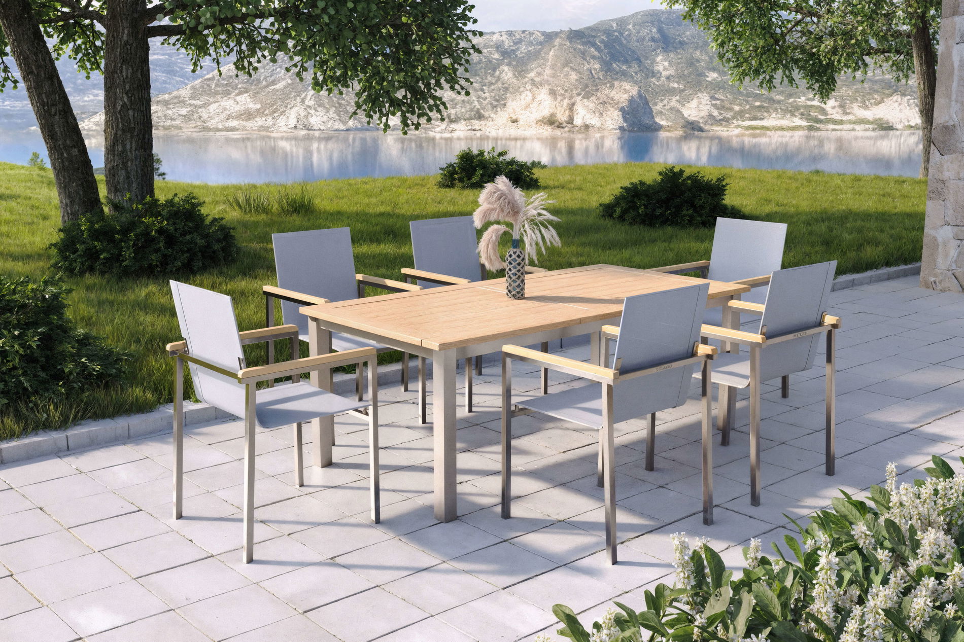 OUTFLEXX Trondheim Garten-Essgruppe mit 6 Sesseln, natur/braun, Edelstahl/Teak/Textilene, 200/260 x 100 cm, ausziehbar, gebürstet, stapelbar 80705__1