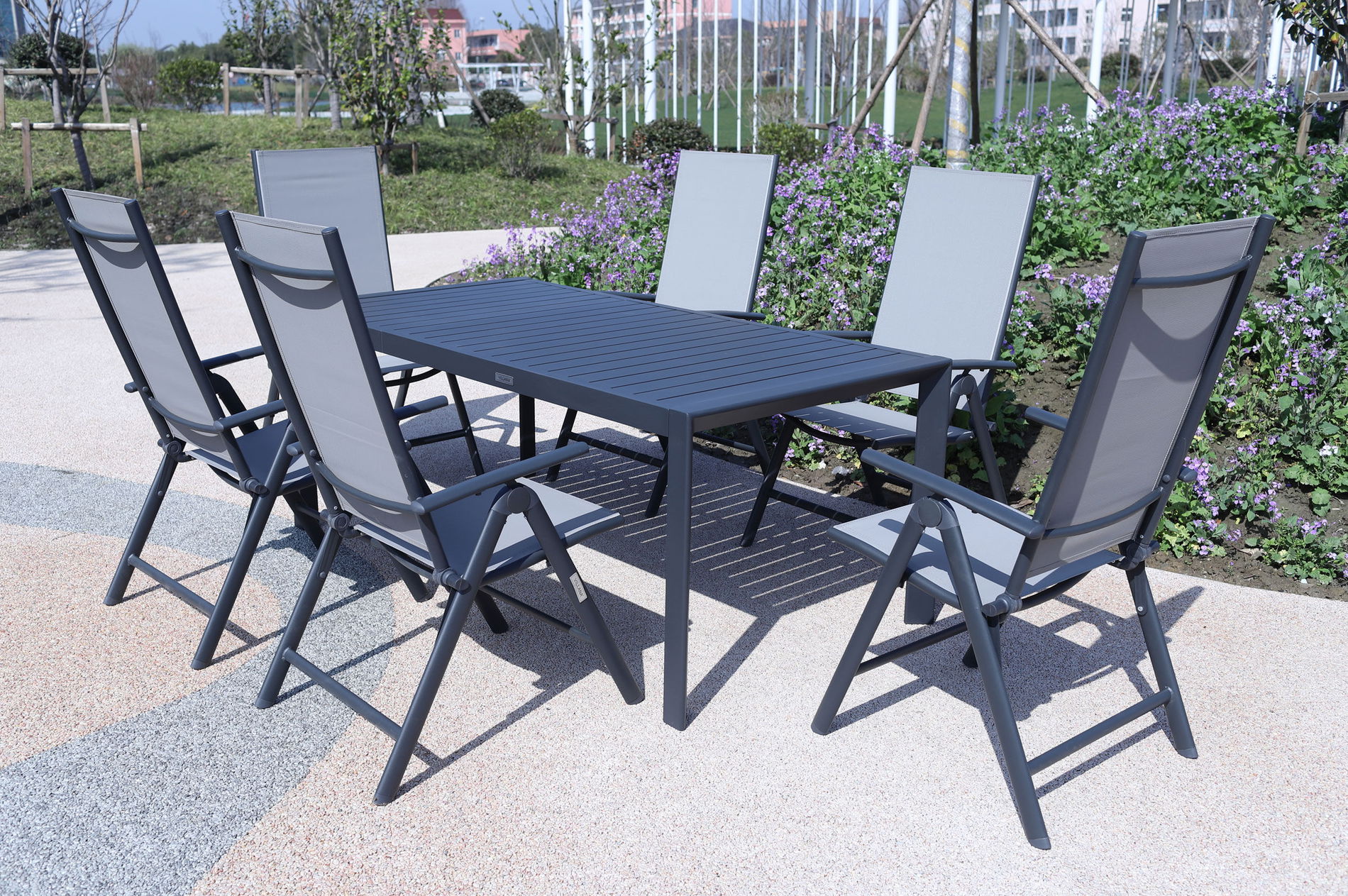 VILLANA Garten-Essgruppe, anthrazit/grau, Alu/Textilene, Tisch 130/180x90cm, 6 Klappstühle 22584__1